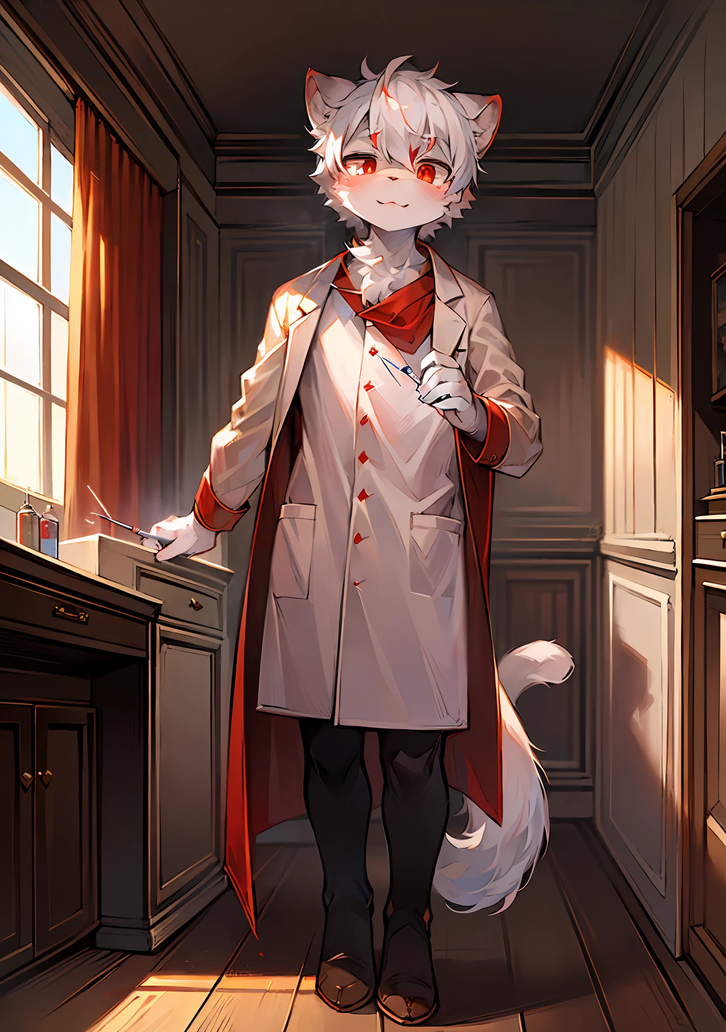 (Bright Environment: 0.8), Masterpiece, High Quality, Abstract Res, Digital Painting\(Artwork\), by Dagasi, Yupa, Kiyosan, (Anthro, Fluffy Fur, Character Focus: 1.1), Anthro Male Cat, Short Hair, Portrait , bright eyes, panorama, character focus. (Detailed background: 0.7), Solo, Furry, Hairy male, Male focus, Anthr, (full body fur, fluffy tail, white fur, red eyes, white hair: 1.2), (long feline, doctor, coat: 1.4), (interior, daytime, institute, syringe: 1.1)