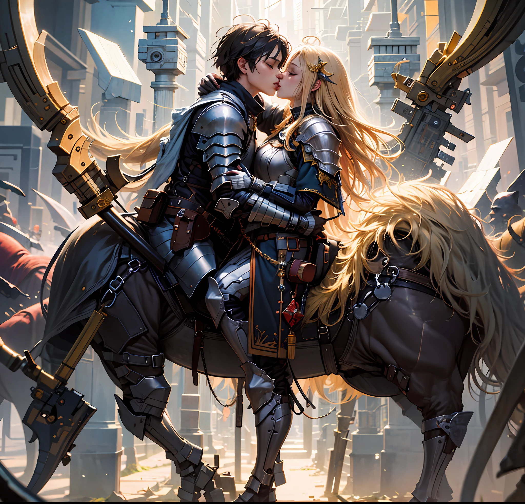 official art, unity 8k wallpaper, ultra detailed, beautiful and aesthetic, High quality, beautiful, masterpiece, best quality, (zentangle, mandala, tangle, entangle:0.6), a knight kissing a princess, (kissing), hugging, romantic, love, adorable, fantasy, in a fantasy city