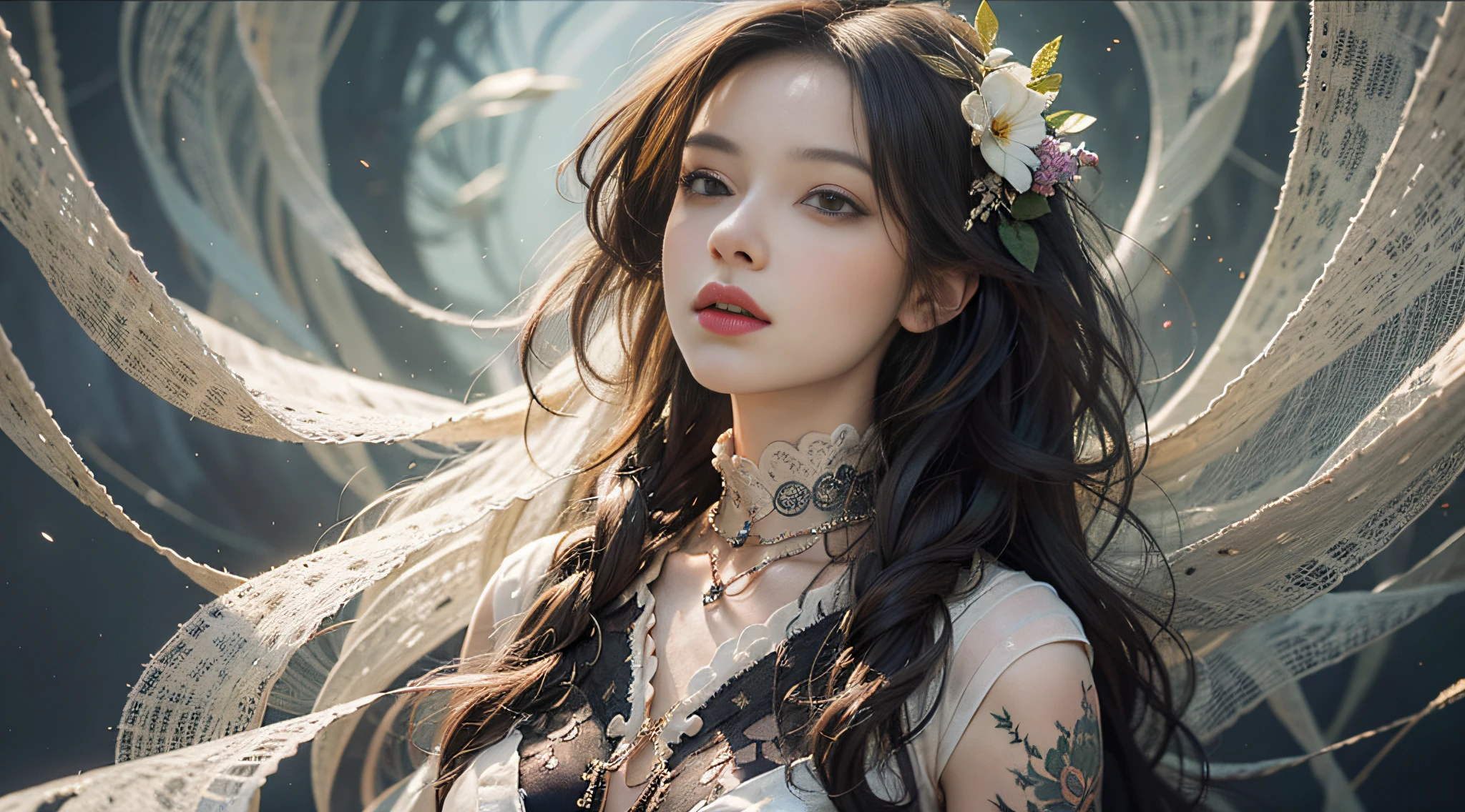 Official Art, 8k wallpaper, white openwork transparent clothes, ultra detail, beauty and aesthetics, masterpiece, best quality, (zentangle, mandala, tangled, entangled), (fractal art: 1.3), 1girl, very detailed, dynamic angle, cowboyshot, most beautiful form of chaos, openwork transparent tights, elegant, fauvist design, bright colors, romanticism, James Jean, Robbie Devi Antono, Ross Tran, Francis Bacon, Michal Mraz, Adrian Ghenny, Petra Cortwright, Gerhard Richter, Takashi Yamamoto, Ashley Wood, atmospheric, ecstatic notes, flow notes visible