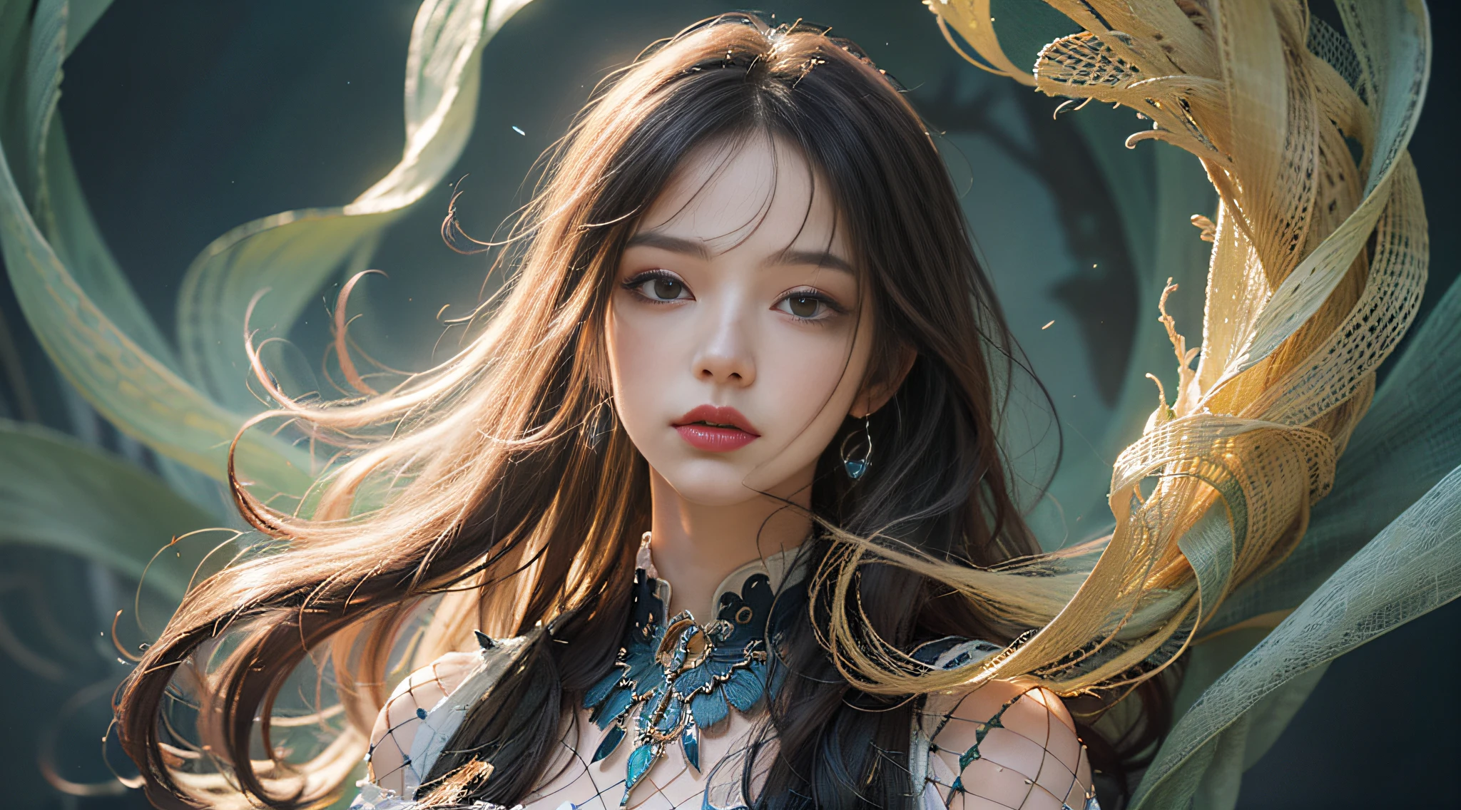Official Art, 8k wallpaper, white openwork transparent clothes, ultra detail, beauty and aesthetics, masterpiece, best quality, (zentangle, mandala, tangled, entangled), (fractal art: 1.3), 1girl, very detailed, dynamic angle, cowboyshot, most beautiful form of chaos, openwork transparent tights, elegant, fauvist design, bright colors, romanticism, James Jean, Robbie Devi Antono, Ross Tran, Francis Bacon, Michal Mraz, Adrian Ghenny, Petra Cortwright, Gerhard Richter, Takashi Yamamoto, Ashley Wood, atmospheric, ecstatic notes, flow notes visible
