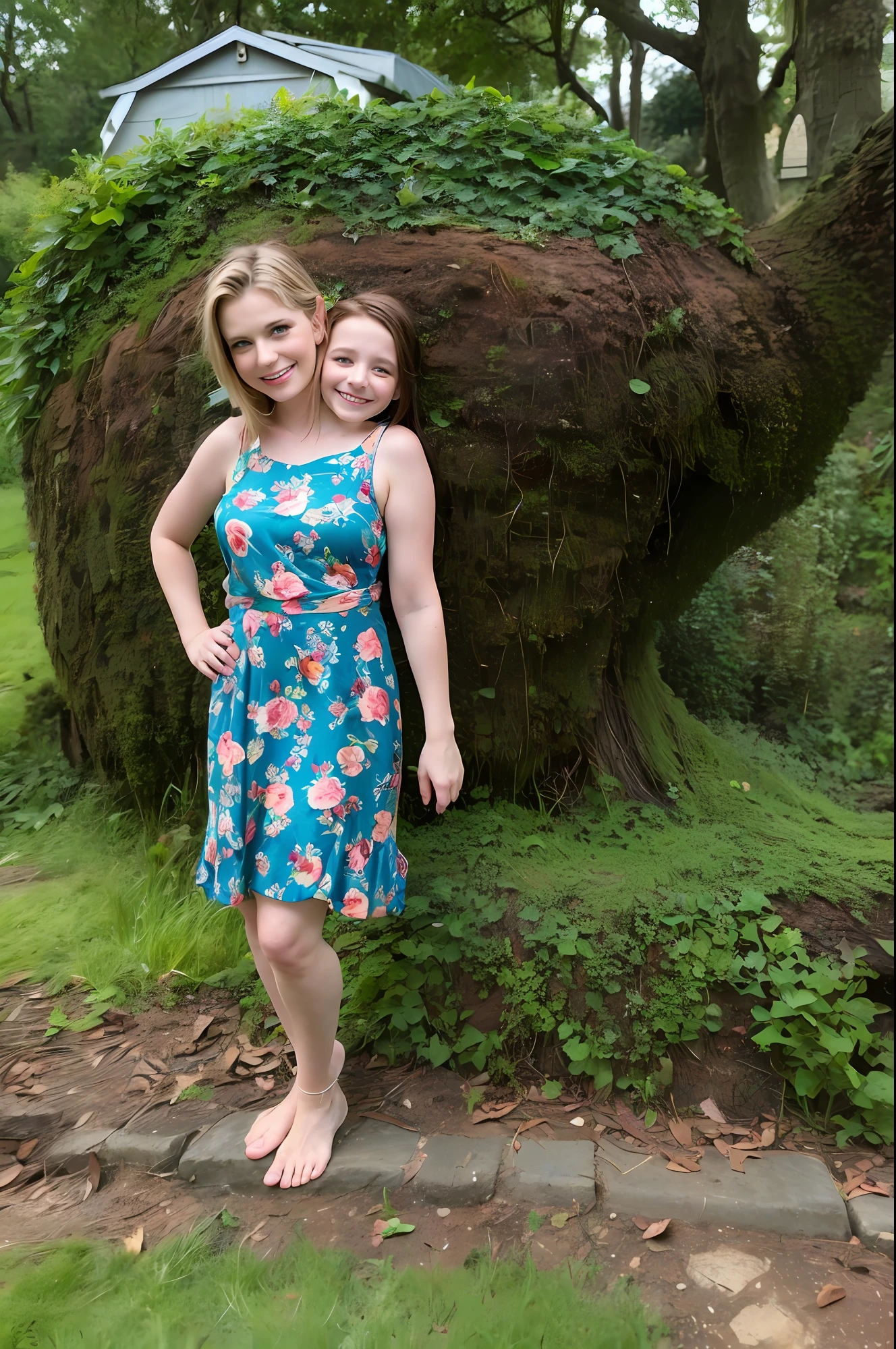 2heads, mom and daughter, (1head:1.5 child), (1head:1.5 young adult) (one torso:1.5), Irish, white girls, age difference, (two heads on one body:1.4), (first head uncomfortable:1.5), (second head unhappy:1.5) conjoined twins, heads side by side, one torso, young, realistic faces, lifelike faces, uncomfortable, barefoot