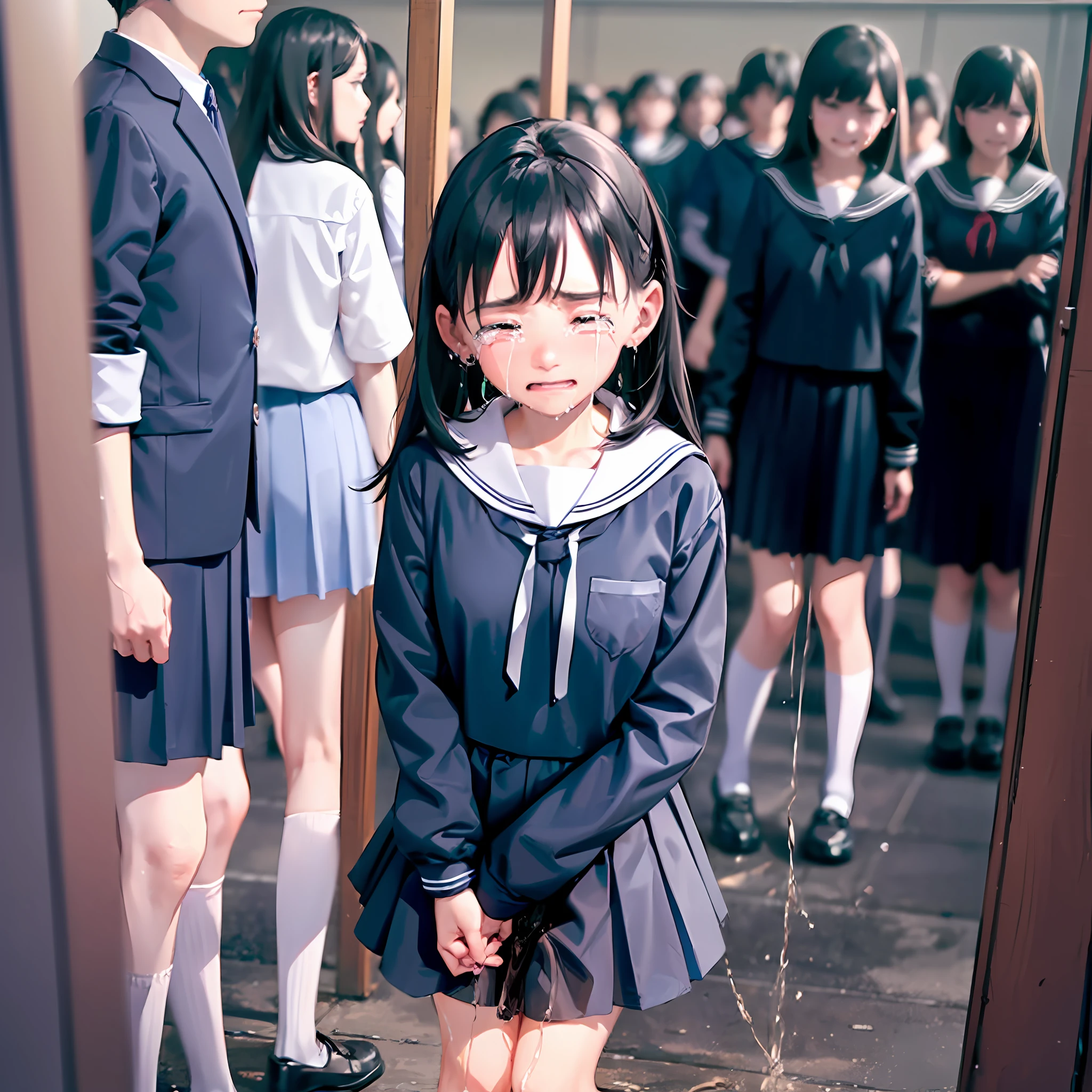 (((up skirt))), (), concept, peeing, myself peeing, wet, wet, having to pee, having to pee, having pee stains, there is a pee stain on a black pleated skirt, Ashina Ashida, one girl, ((((crying face)))), (black sailor suit), big pink hair ribbon, pee, Pee yourself, wet, wet self, long bangs, black hair, embarrassed, blush, brown loafers, (((standing in line with a large group of freshmen in the church at the entrance ceremony of junior high school))), (navy blue sailor suit), white socks, black hair, (lifting the skirt with her hands), (wearing white cotton diapers),
