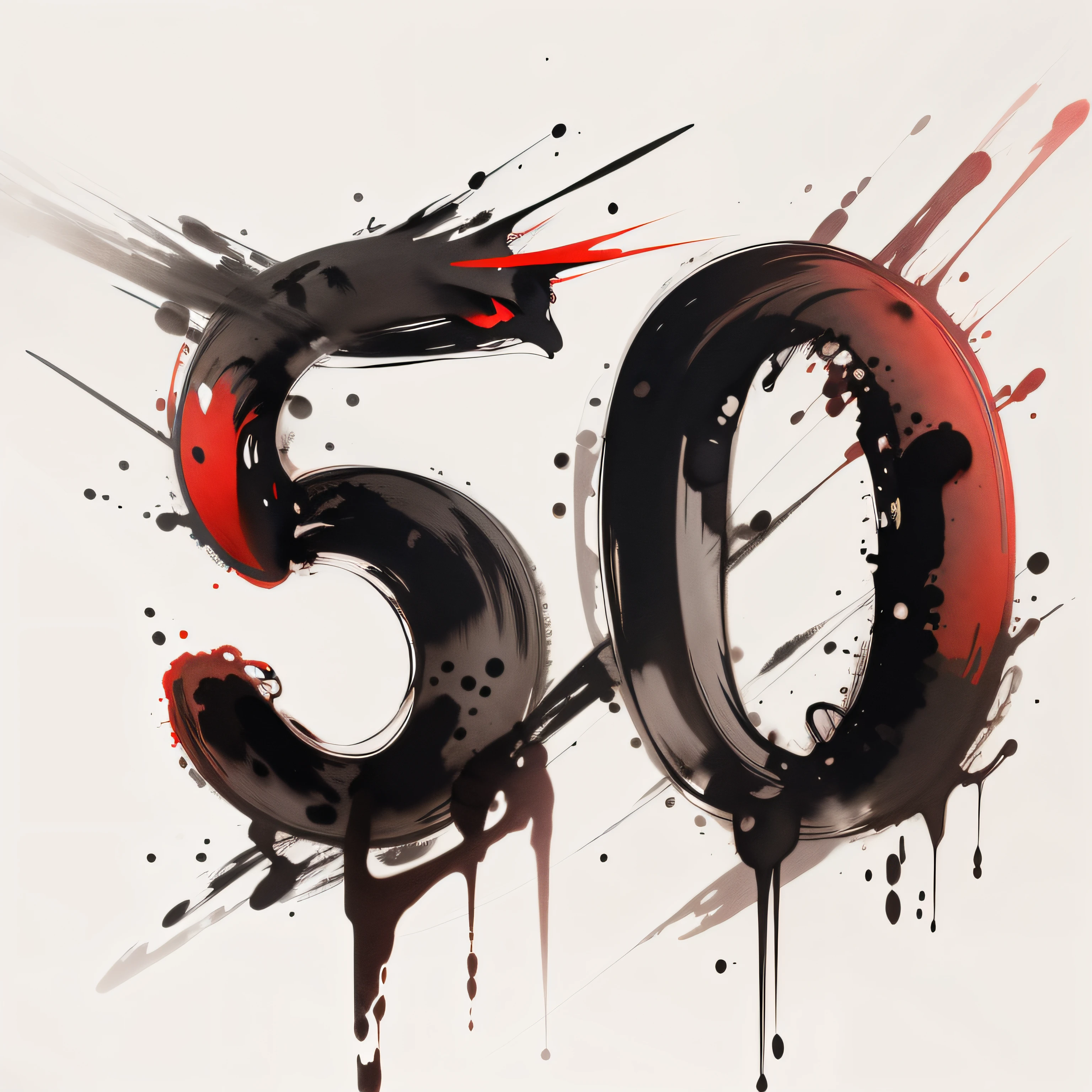 Número 5 e 0 (50) Cinquenta watercolor and line drawing art red and black colors white background