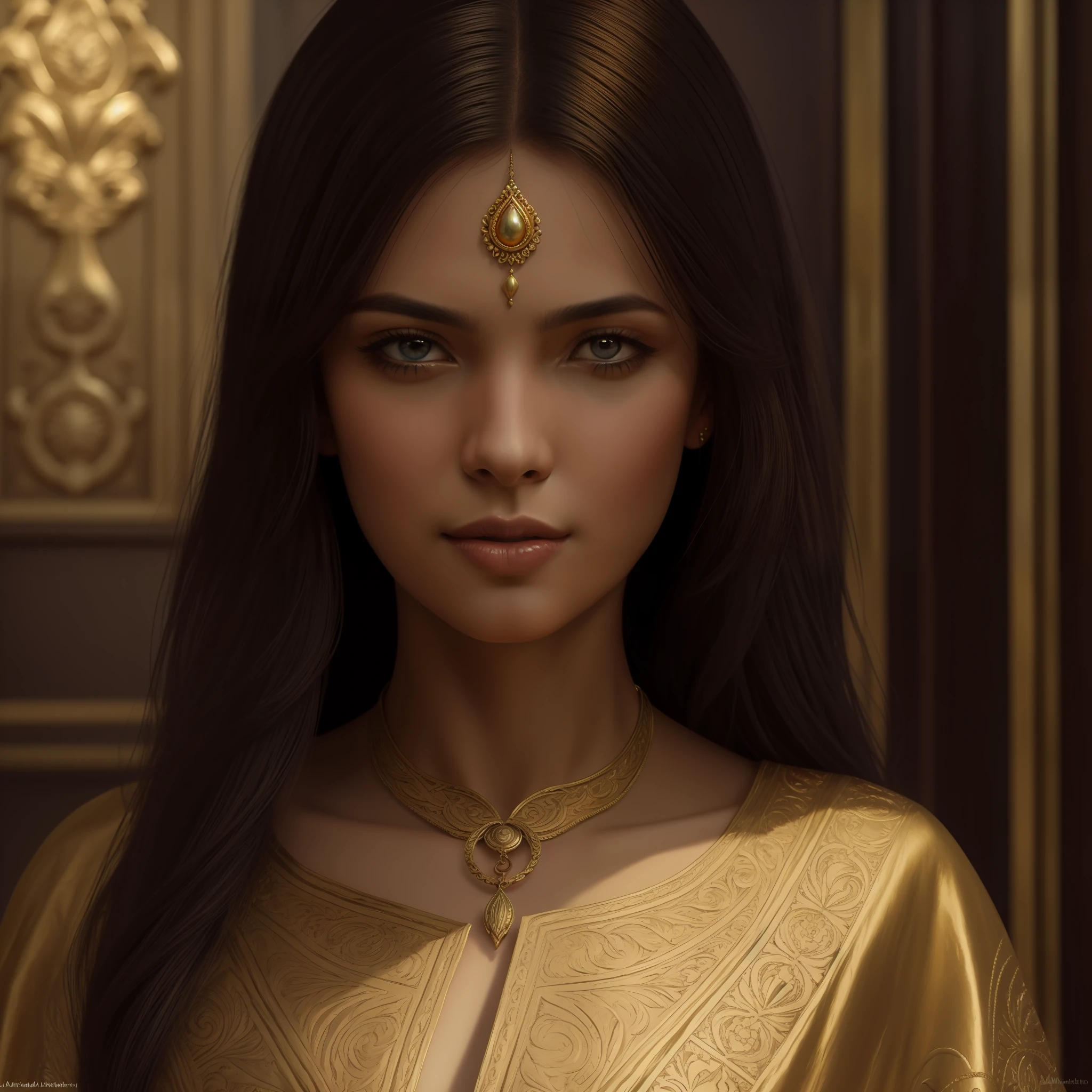 close up of an Indian warrior woman deity with black hair and a red mask, golden ornaments, silver trinkets,blood spatter,beautiful character,dark cyan tunic, yellow tunic, elegance, mystique, knowledge, dignified stance, intricate patterns, nature motifs, celestial motifs, deep contemplation, majestic cape, luxurious fabrics, swirling patterns, magical atmosphere, harmonious color palette, enchantment, wisdom. Tetradic, warm colors, best quality, masterpiece, high resolution, photorealistic, intricate, rich background painting,Andrew Atroshenko, artwork in the style of Andrew Atroshenko, black haired deity, byAlexandr Averin , epic exquisite character art, stunning character art, by Jules Bastien-Lepage,on pixiv artstation