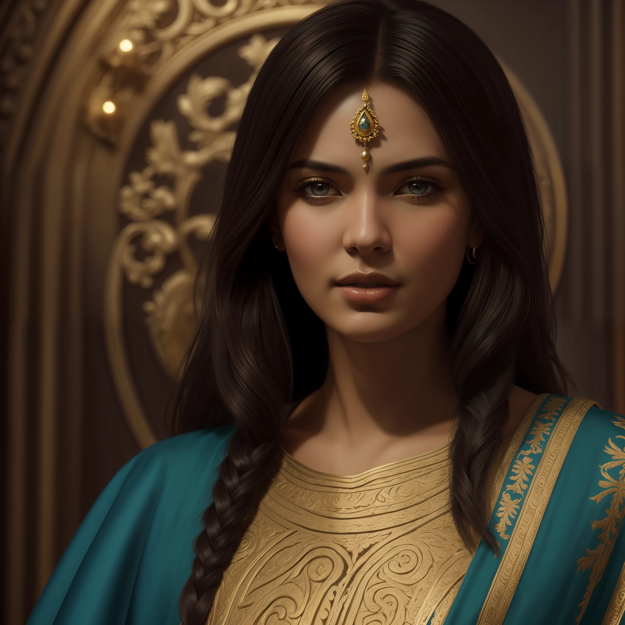 close up of an Indian warrior woman deity with black hair and a red mask, golden ornaments, silver trinkets,blood spatter,beautiful character,dark cyan tunic, yellow tunic, elegance, mystique, knowledge, dignified stance, intricate patterns, nature motifs, celestial motifs, deep contemplation, majestic cape, luxurious fabrics, swirling patterns, magical atmosphere, harmonious color palette, enchantment, wisdom. Tetradic, warm colors, best quality, masterpiece, high resolution, photorealistic, intricate, rich background painting,Andrew Atroshenko, artwork in the style of Andrew Atroshenko, black haired deity, byAlexandr Averin , epic exquisite character art, stunning character art, by Jules Bastien-Lepage,on pixiv artstation