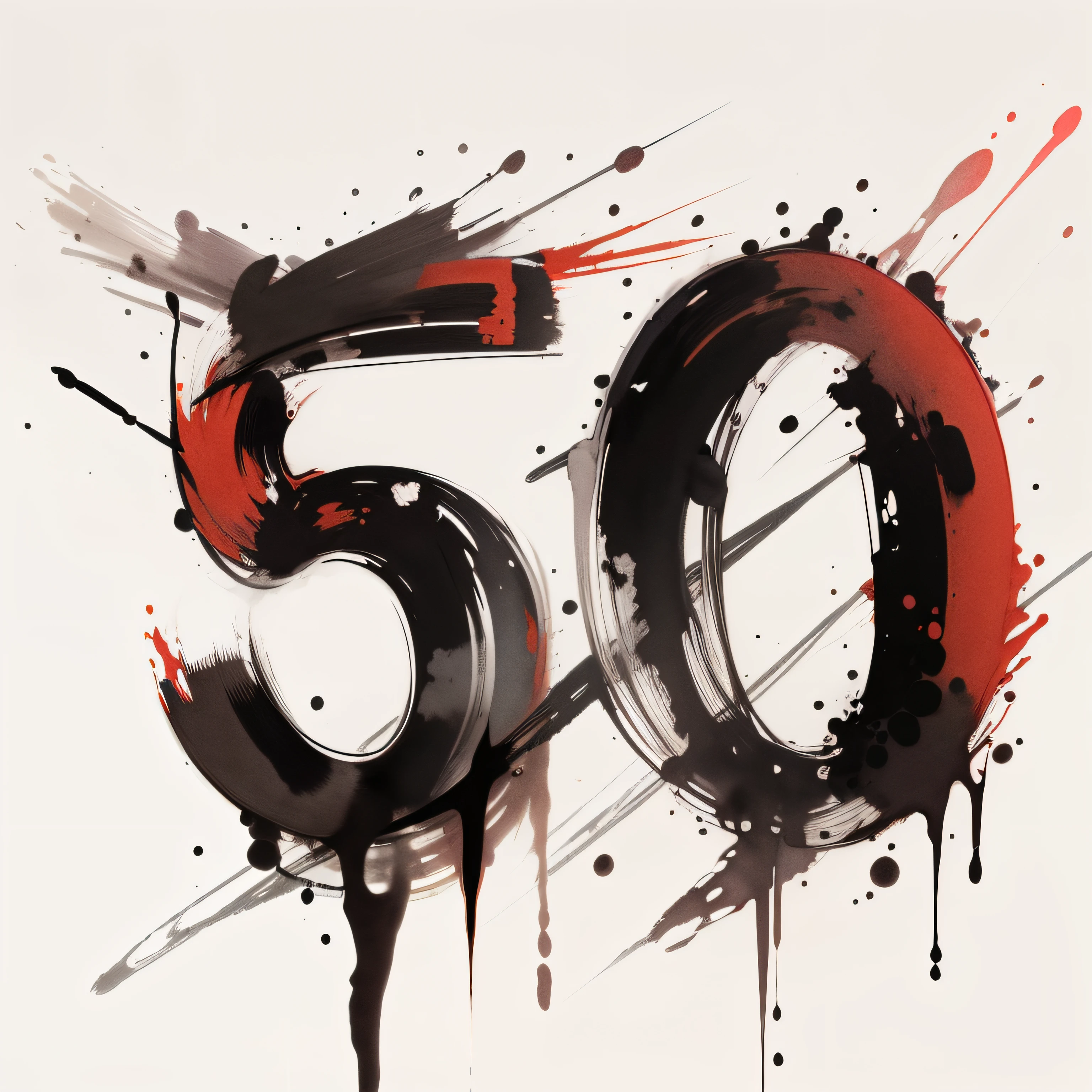 Número 5 e 0 (50) Cinquenta watercolor and line drawing art red and black colors white background