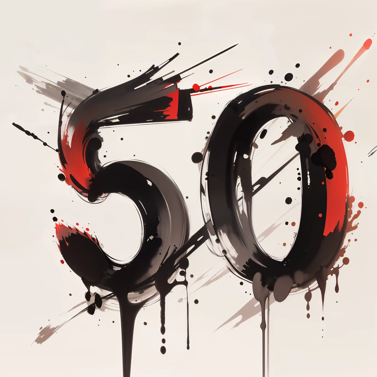 Número 5 e 0 (50) Cinquenta watercolor and line drawing art red and black colors white background