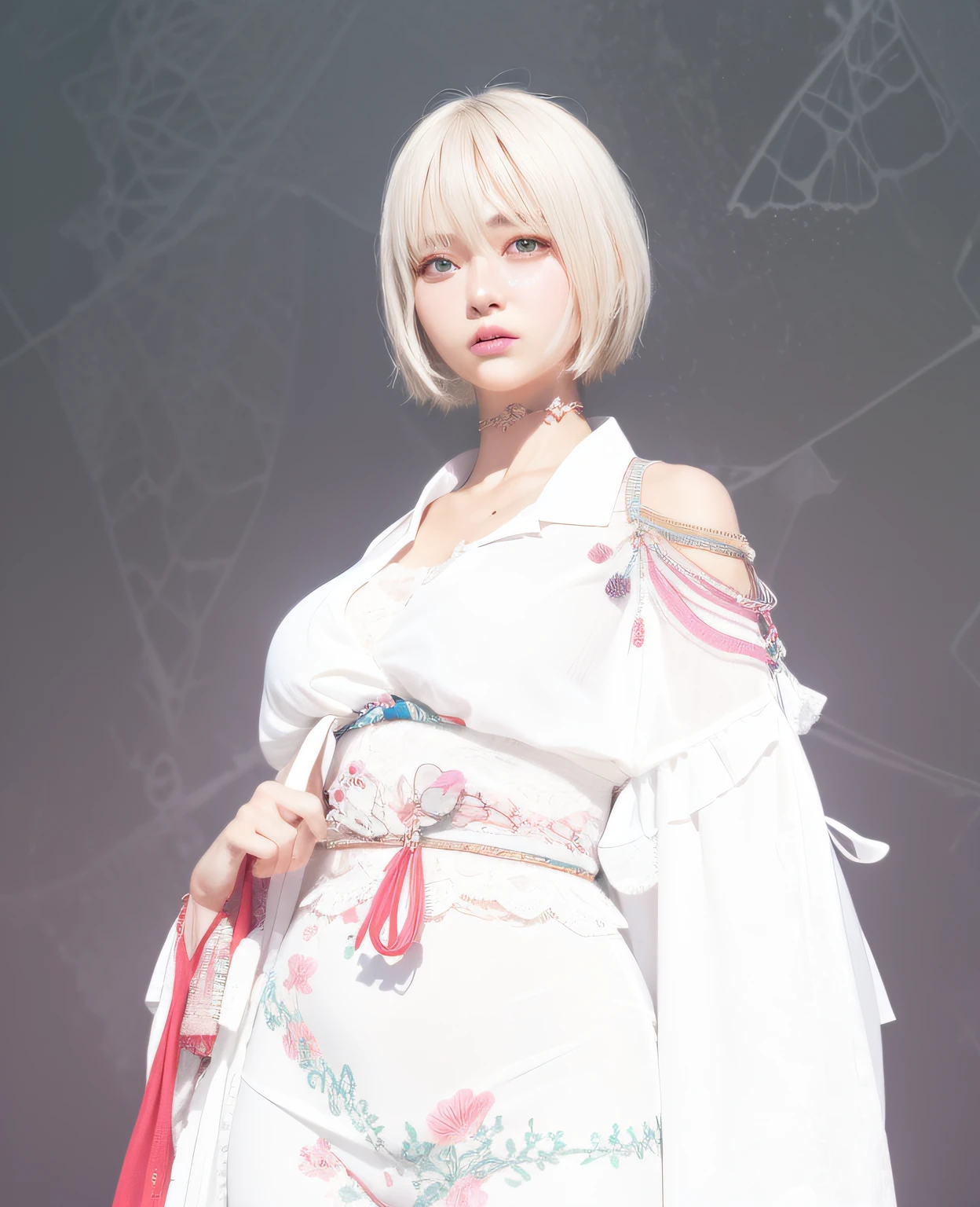 (hyperrealistic), (illustration), (high resolution), (8K), (extremely detailed), (best illustration), (beautiful detailed eyes), (best quality), (ultra-detailed), (masterpiece), (wallpaper), (detailed face), solo 1 girl, white wavy hair, korean, heterochromic eyes, small moles under the eyes, loose white shirt, yoga pants, big breasts, long legs, tight abs, camel toes, dynamic pose,