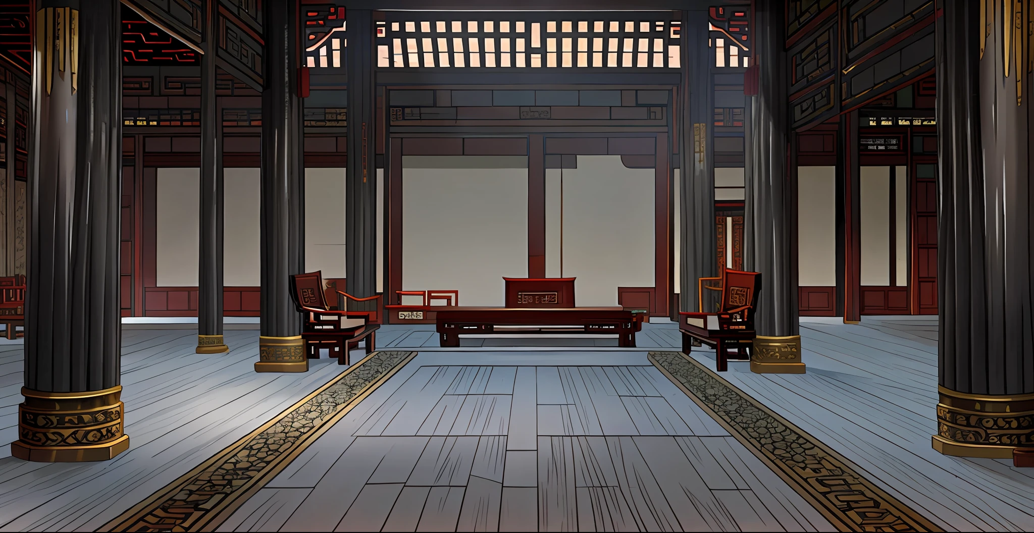 Interior scene of the ancient Chinese imperial palace hall, chairs