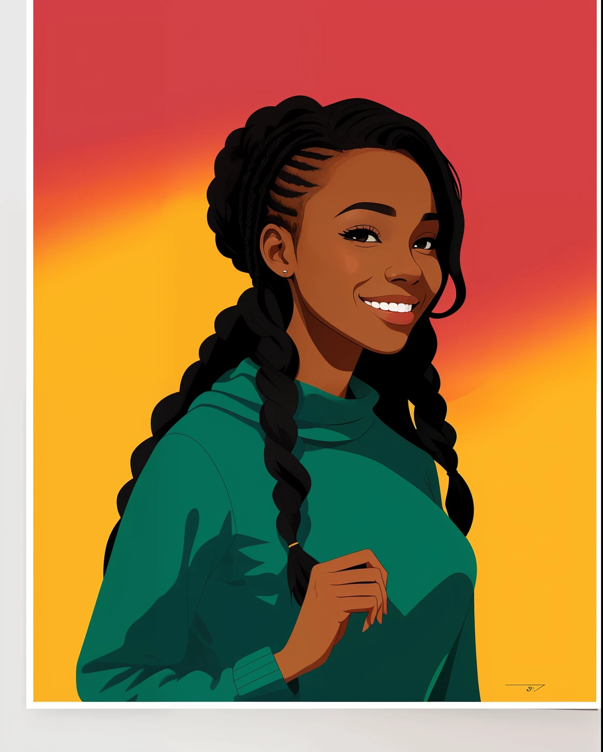 Beautiful black African girl, elegantly dressed, smiling, poster art, poster, minimalistic illustration, artistic style, ((Lorenzo Sperlonga)), Valentine's Day, minimalistic style, colorful, braided hair