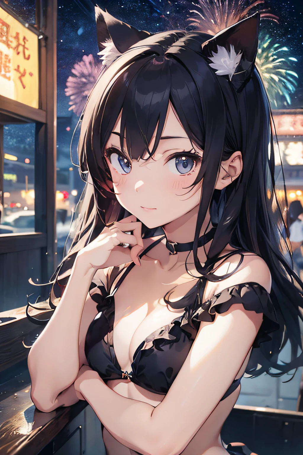 Anime cat-eared girl in bikini with cat ears, shoulder looking, anime drawing by Yang J, pixiv contest winner, serial art, digital anime illustration, kawashi, anime style illustration, anime style 4K, beautiful anime portrait, anime style portrait, anime style artwork, Guweiz style artwork, Anime Illustration, Digital Anime Art, Detailed Digital Anime Art, Beautiful Starry Sky, Fireworks
