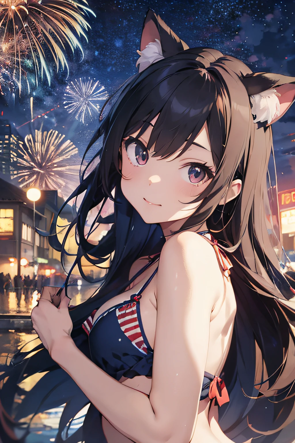 Anime cat-eared girl in bikini with cat ears, shoulder looking, anime drawing by Yang J, pixiv contest winner, serial art, digital anime illustration, kawashi, anime style illustration, anime style 4K, beautiful anime portrait, anime style portrait, anime style artwork, Guweiz style artwork, Anime Illustration, Digital Anime Art, Detailed Digital Anime Art, Beautiful Starry Sky, Fireworks