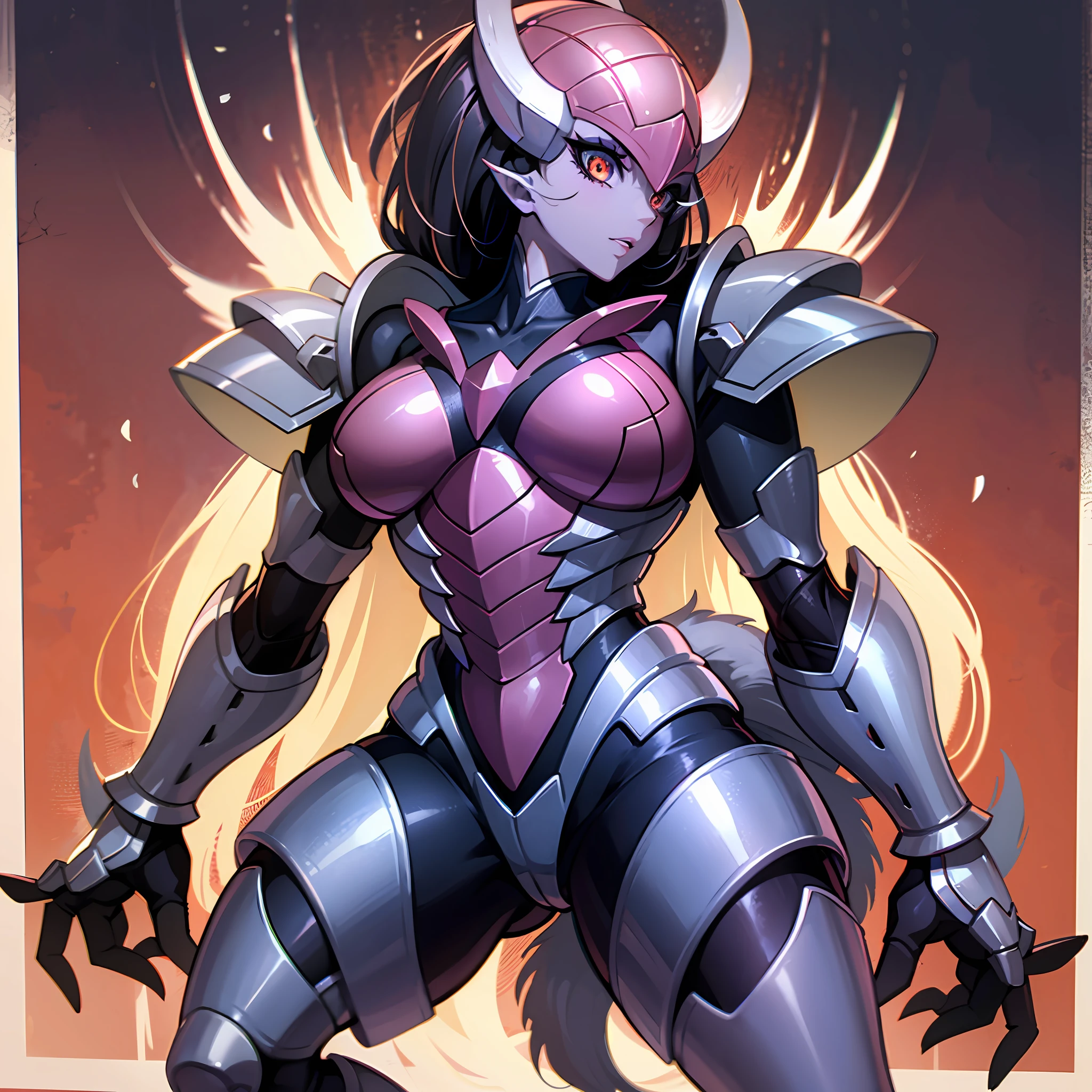 Woman in Hot Stag Crustacean Armor, Guyver Style, Eyeballless Eyes, Scarabele Plaid, Bellows Tail, Cel Shade Adult Animation, Alien Queen