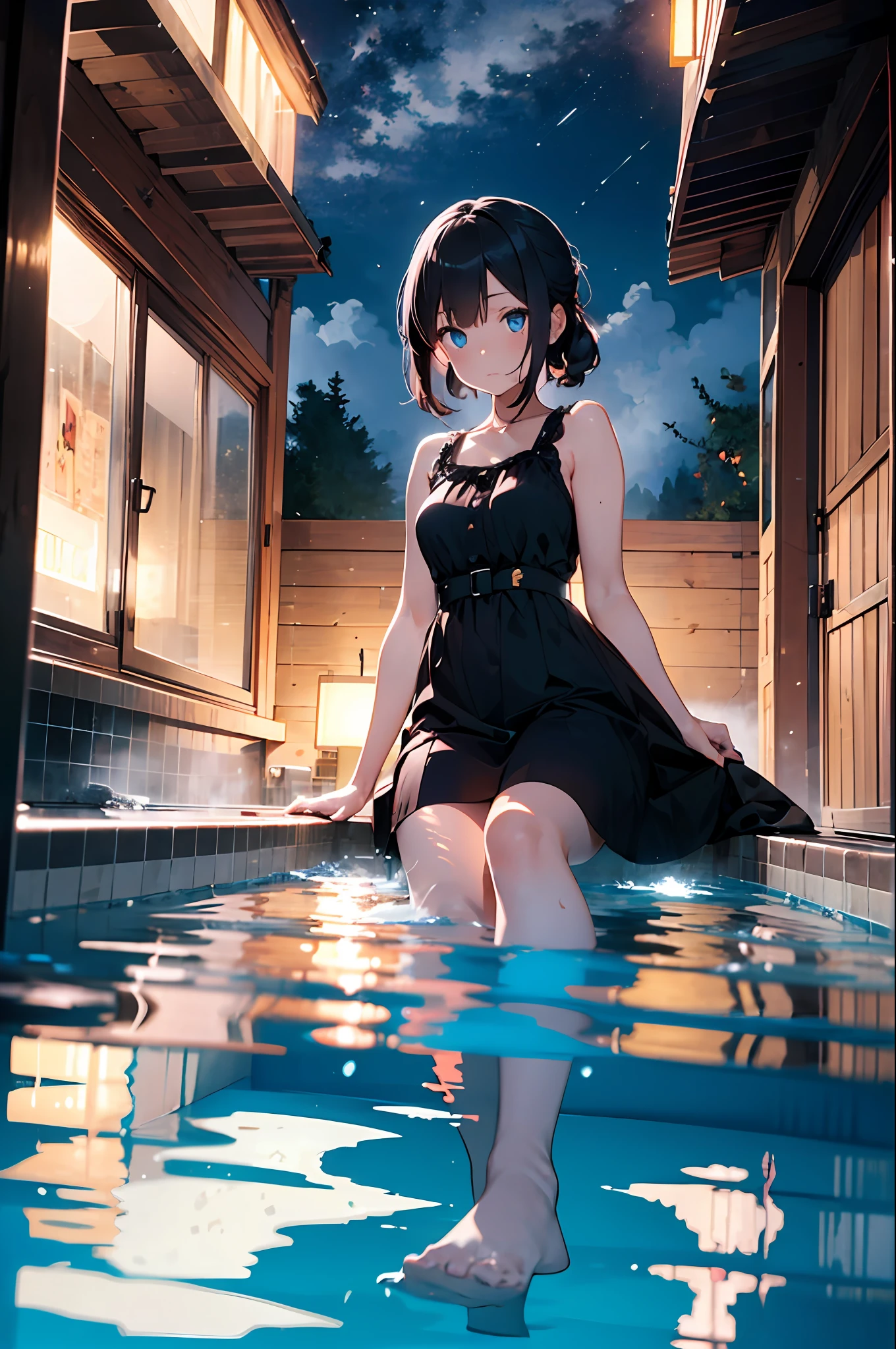 (dark scene, soft lighting, high saturated):1.4, vivid illumination, enchanting elegance, atmospheric depth, masterful technique, naturalistic representations, harmonious composition, creative refinement, striking juxtapositions, 1girl,laying on pool bath bood, best shding, night,  in the bathroom,  dark dress, blue eyes,  facing viewer, cowboyshot,volumetric fog, outdoors