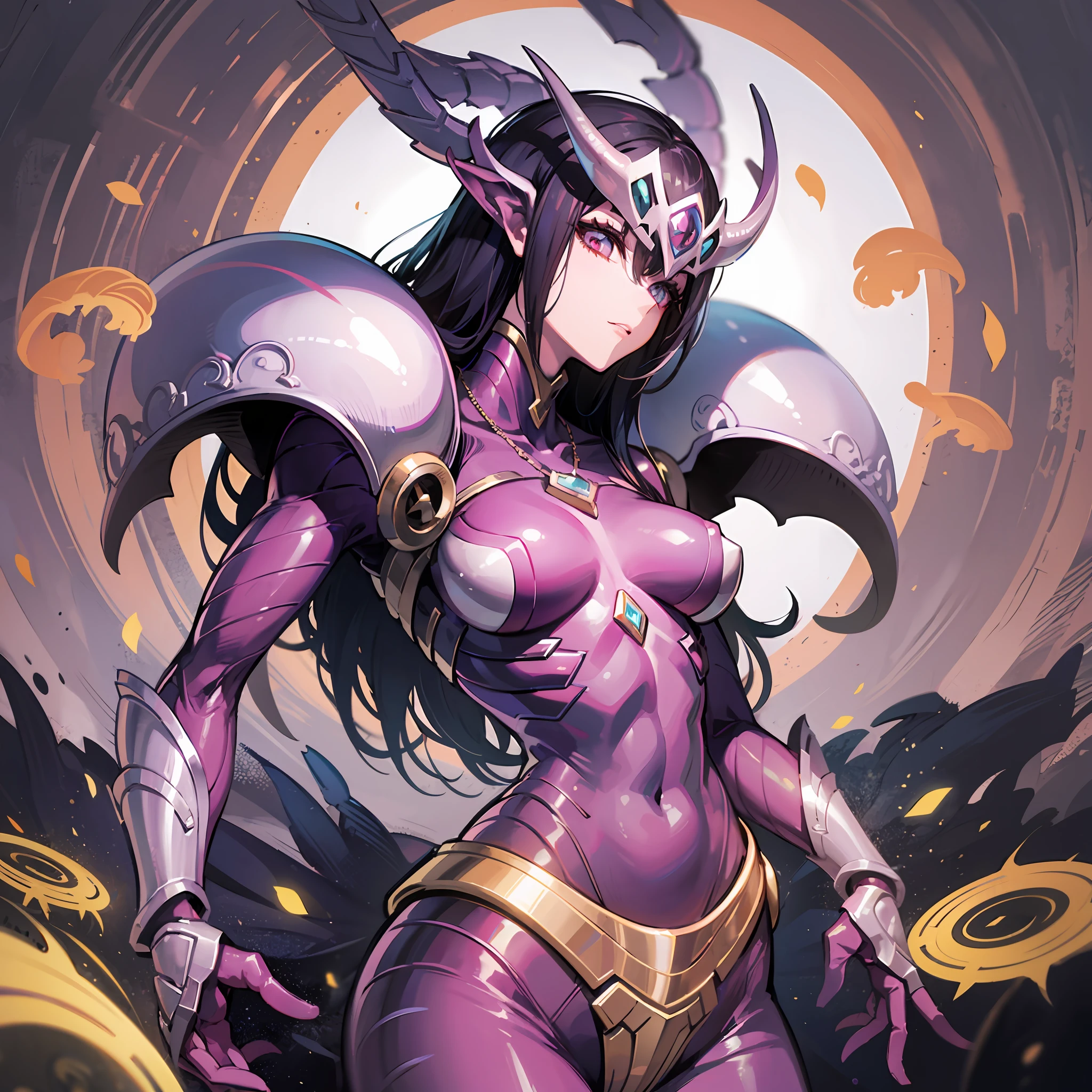 Woman in Hot Stag Crustacean Armor, Guyver Style, Eyeballless Eyes, Scarabele Plaid, Bellows Tail, Cel Shade Adult Animation, Alien Queen