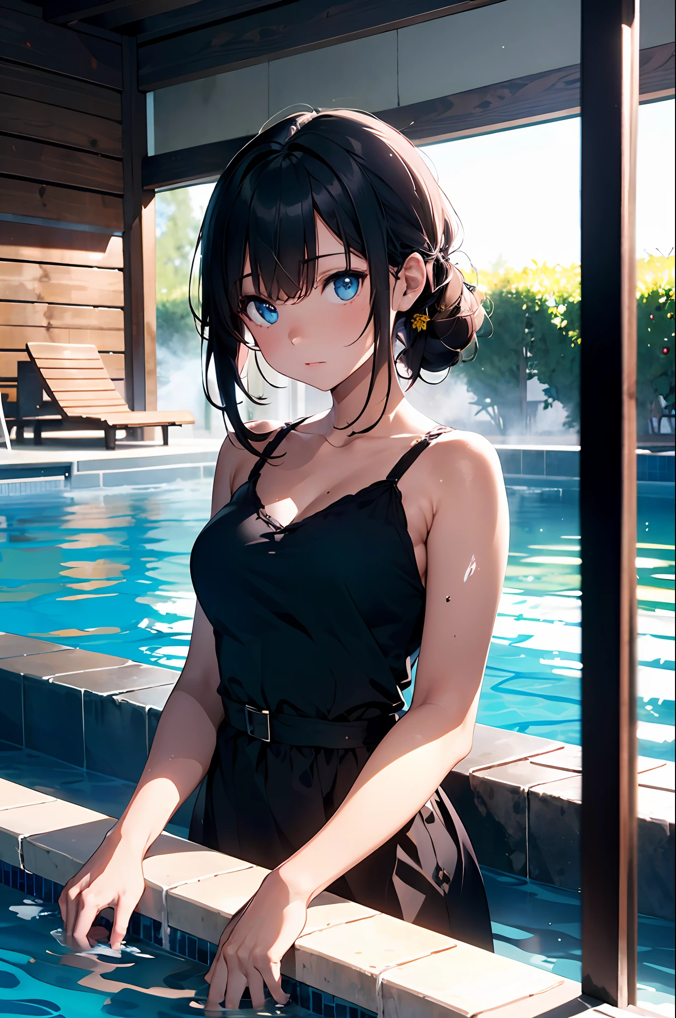 (dark scene, soft lighting, high saturated):1.4, vivid illumination, enchanting elegance, atmospheric depth, masterful technique, naturalistic representations, harmonious composition, creative refinement, striking juxtapositions, 1girl,laying on pool bath bood, best shding, night, in the bathroom, dark dress, blue eyes, facing viewer, cowboyshot,volumetric fog, outdoors