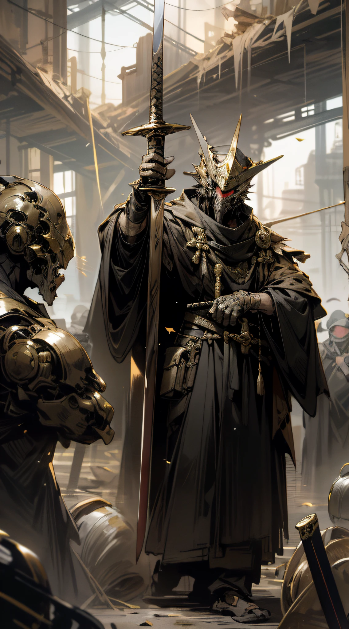 Extremely detailed cyberpunk apocalyptic scenes, vast and wide-angle war-ravaged grounds, brandishing a golden cane and carrying a long sword, stands a powerful male king. His robe shone with golden light and was full of royal momentum.