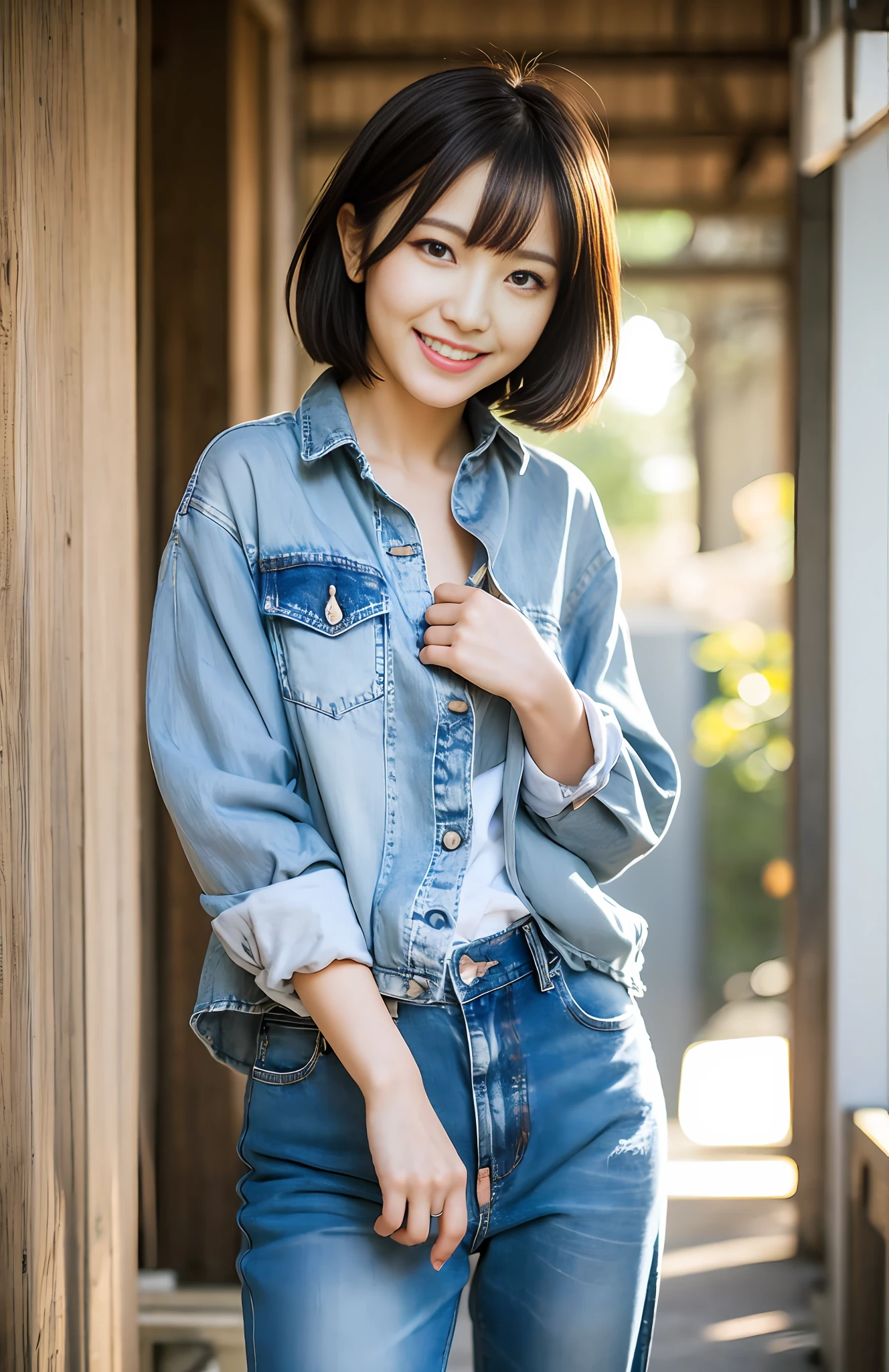 photorealistic, solo, beautiful Japan woman, oversized casual shirt, denim pants, natural figure, white skin, sweet smile, rough hairstyle not set, (sensual expression), soft sunlight in the morning, park in the morning, ((seductive pose)), (open libido)))), professional photographer, shallow depth of field, lens flare,