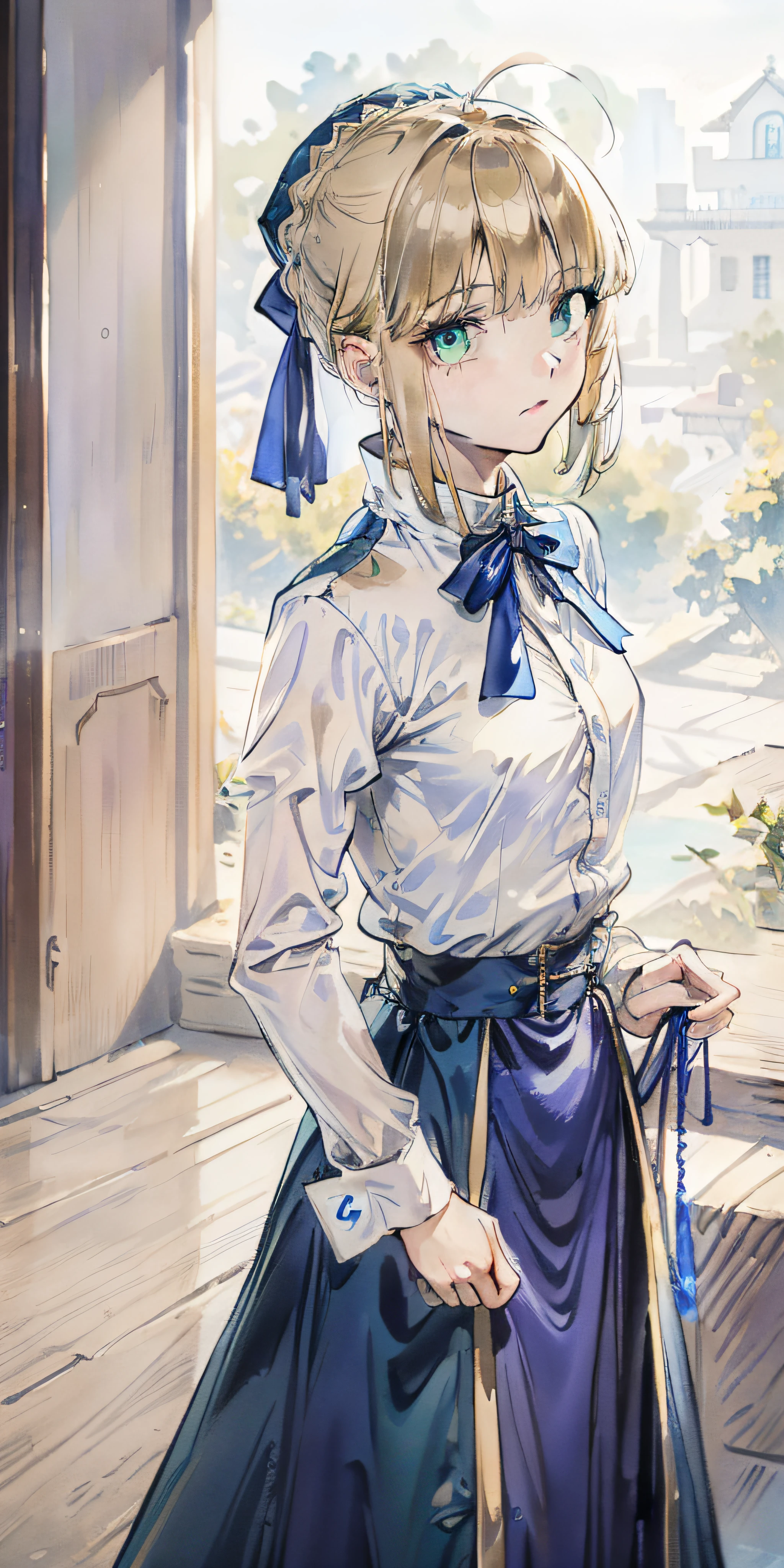 Artoria Pendragon \ (Destiny\, masterpiece, Best quality, High resolution, Ultra detailed, Art book, Anime coloring, CG, illustration, fantasy, 1 girl, solo, male focus, looking at the audience, Artoria Pendragon \ (destiny\), white shirt blue bow, blue short skirt, detailed beautiful face and eyes , mild sunlight with strong color contrast , warm environment, capable slender figure, dexterous dynamics, dim light around the girl gathered on the maiden, green eyes