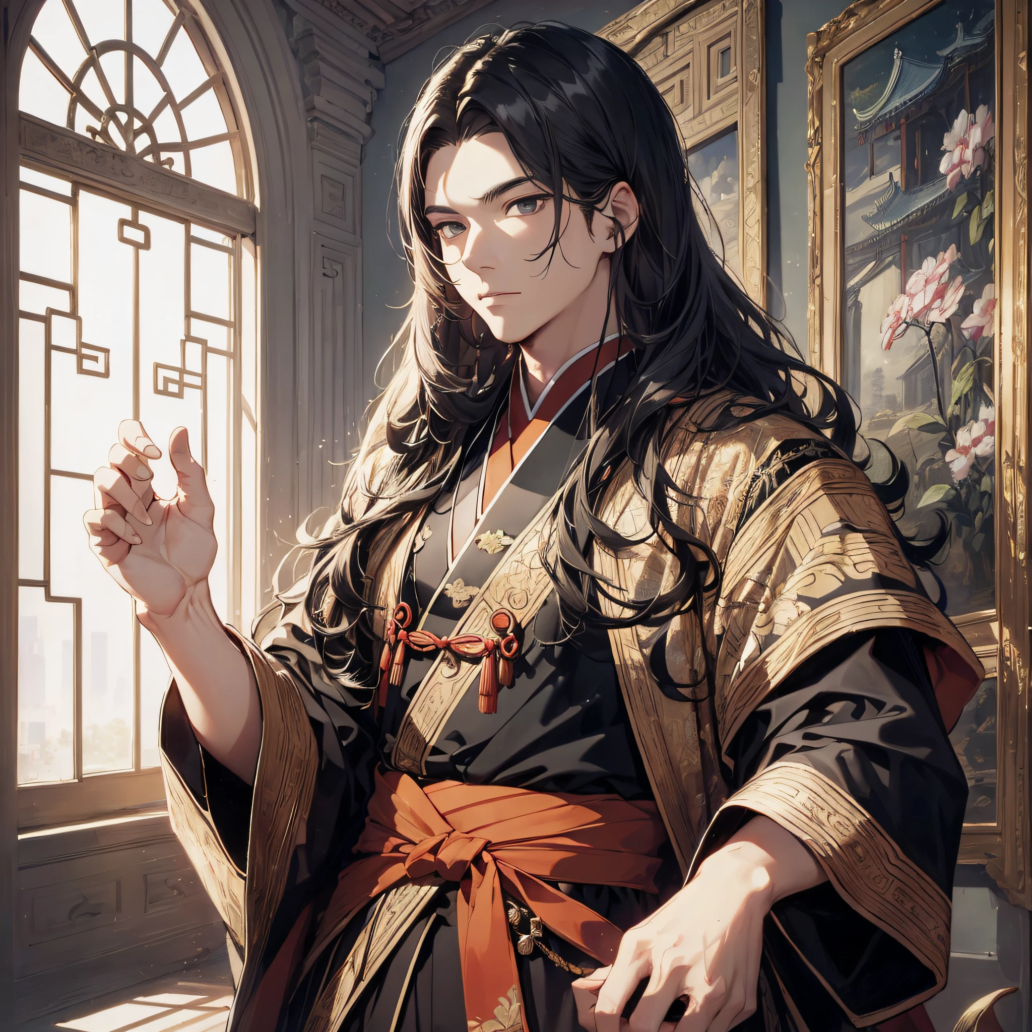 Absurd resolution, high resolution, (masterpiece: 1.4), hyper-detail, ancient China, inside a gorgeous palace, black long-haired young emperor man (1.5), wearing a yellow robe, with a serious expression,