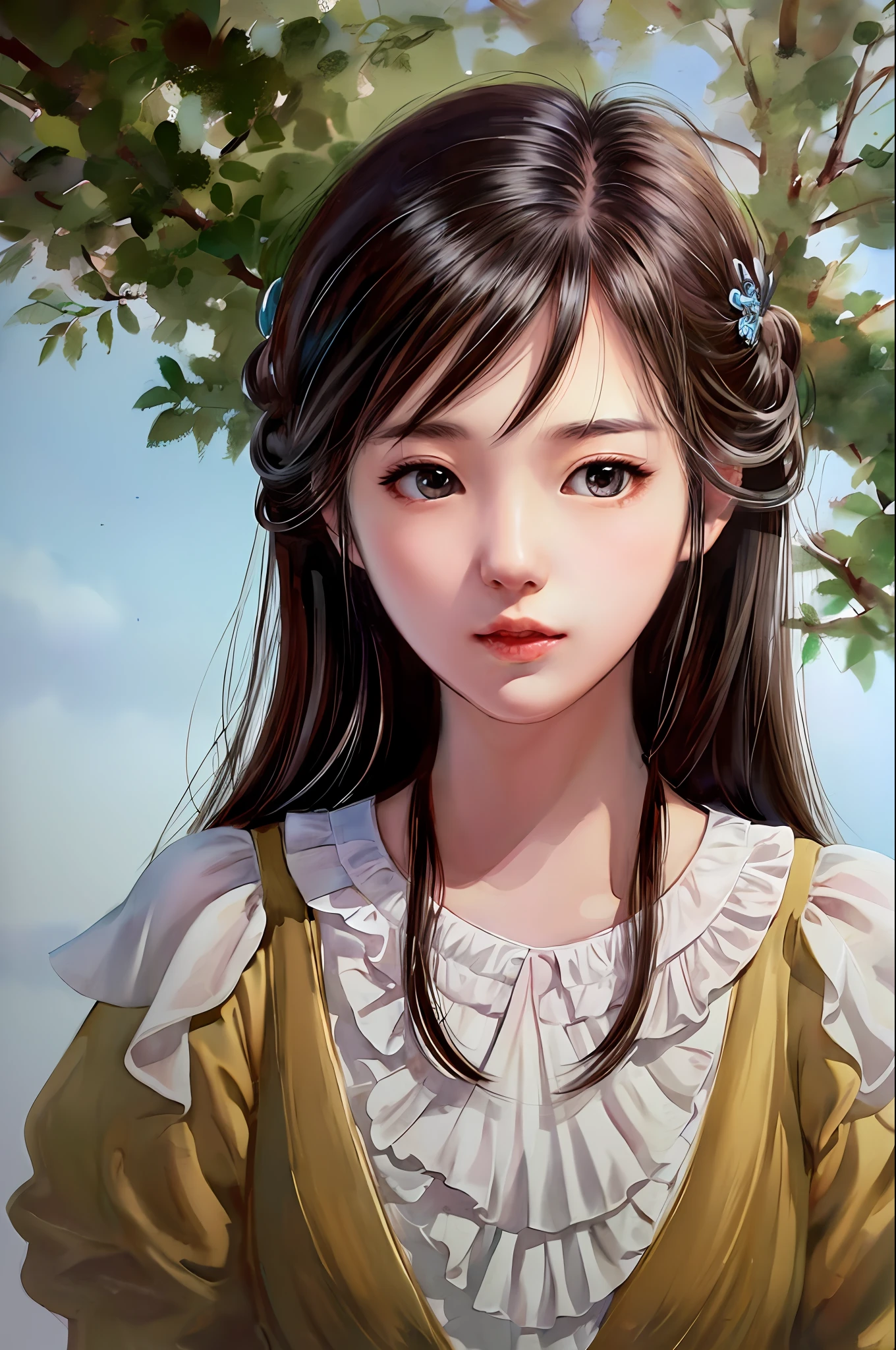 stechu, (white background: 1.4), (tachi-e)), original, (illustration: 1.1), (best quality), (masterpiece: 1.1), (very detailed CG unity 8k wallpaper: 1.1), (color: 0.9), (panoramic shot: 1.4), (single: 1.2), (splashed ink), (splashed color), ((watercolor)), clear and sharp focus, { 1girl standing }, ((korean style)) , flower background, outdoors, rocks, looking at the viewer, making happy expressions, soft smiles, pure, beautiful delicate face and eyes, delicate yoga dress pattern details, black hair, black eyes, water color
