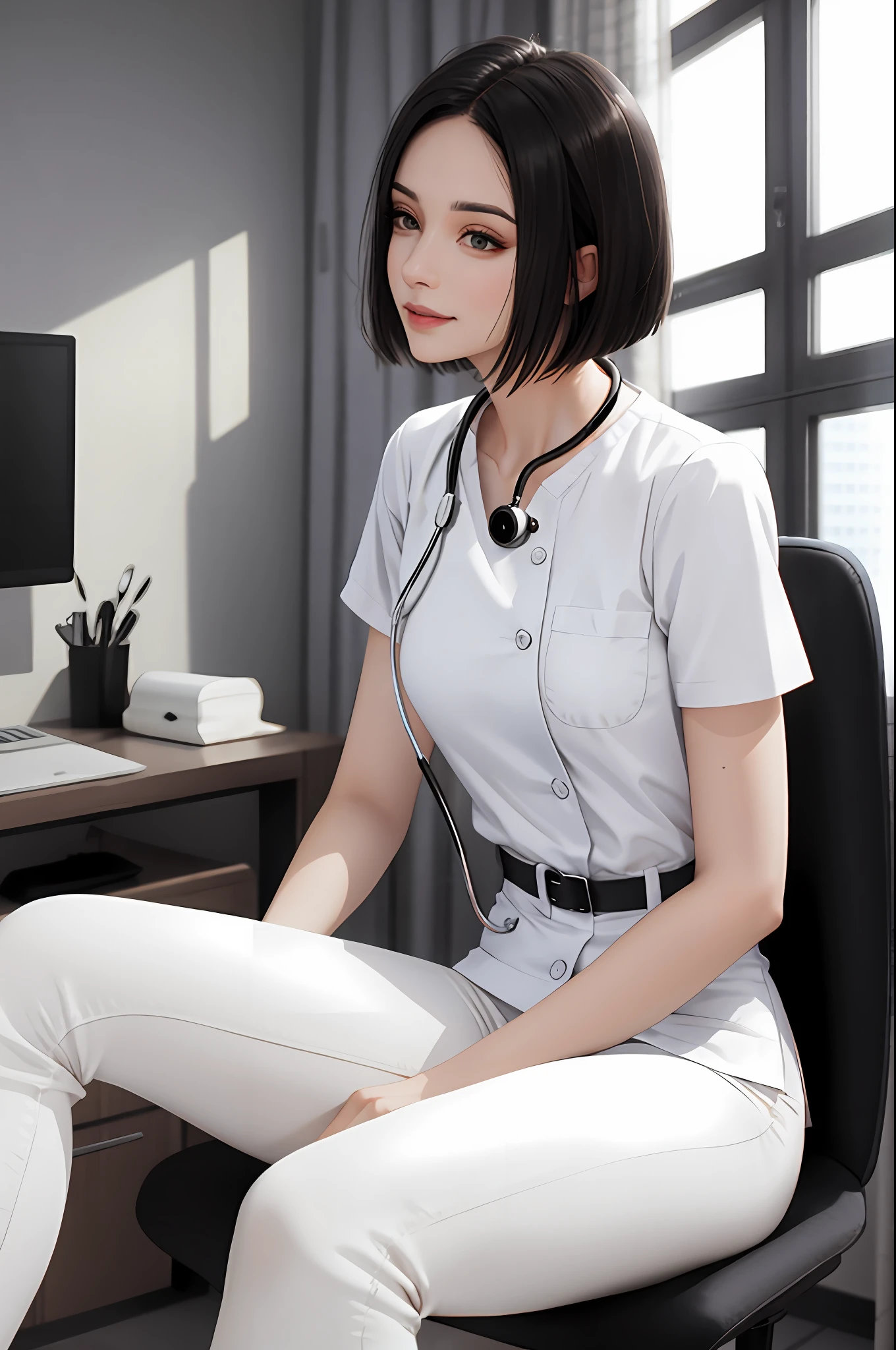 masterpiece, top quality, high quality, high resolution, high quality textures, high quality shadows, high detail, realistic, cinematic lights, side lights, lens flare, ray tracing, sharp focus, beautiful adult woman with black hair, elegant, tall, slightly longer bob cut, nurse, hospital, wearing white nursing clothes, white uniform, A stethoscope is worn from the neck. Sitting on a chair. Wearing white pants. Manly. slim thighs, small breasts, slim, long eyelashes, mature, white sneakers, smile, beauty