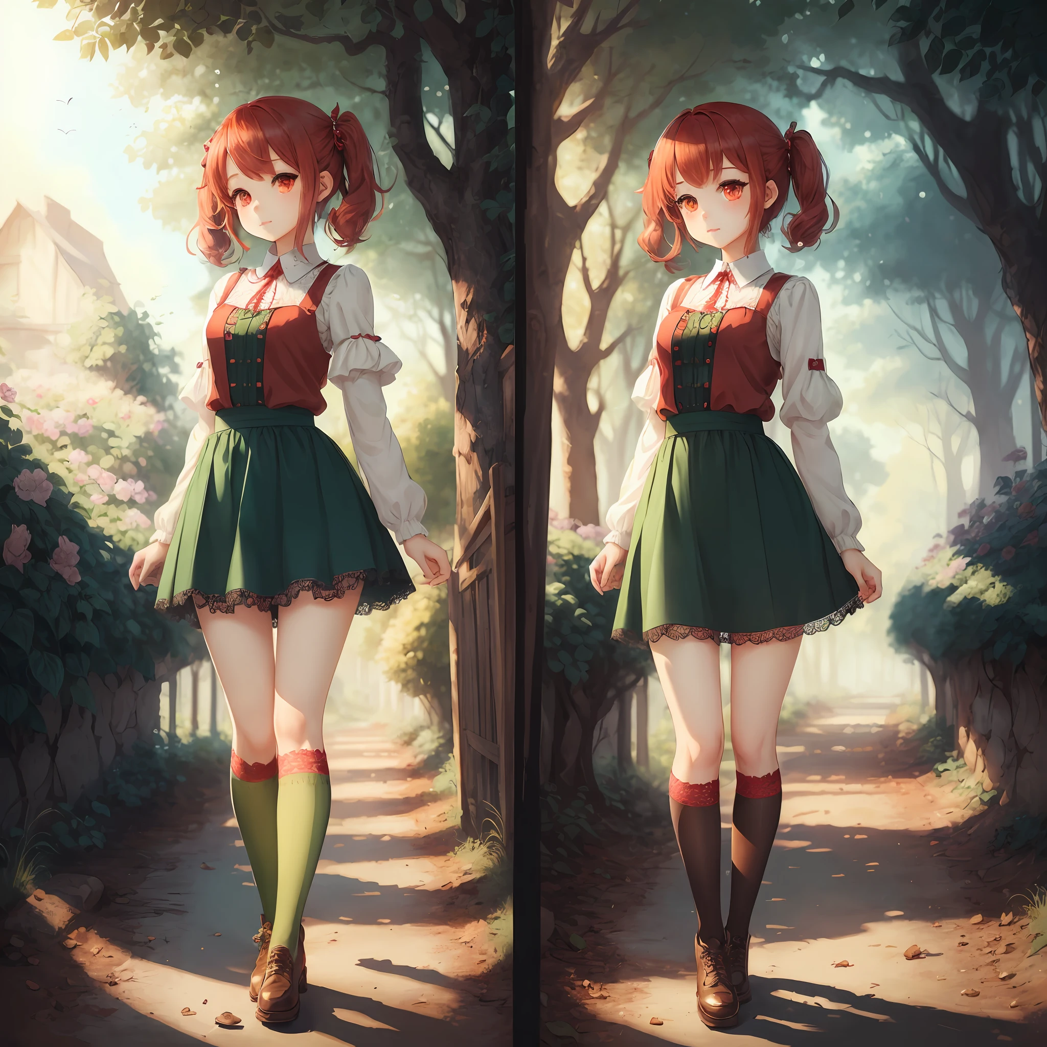 beautiful girl,red hair,lace clothes,2d illustration,goth loli,sweet loli,half twin tails,knee high socks,inner color green,big,super cute,(best quality),full body ,(masterpiece),(super detailed),one,red eyes,short hair,nature,bright,sunlight --auto