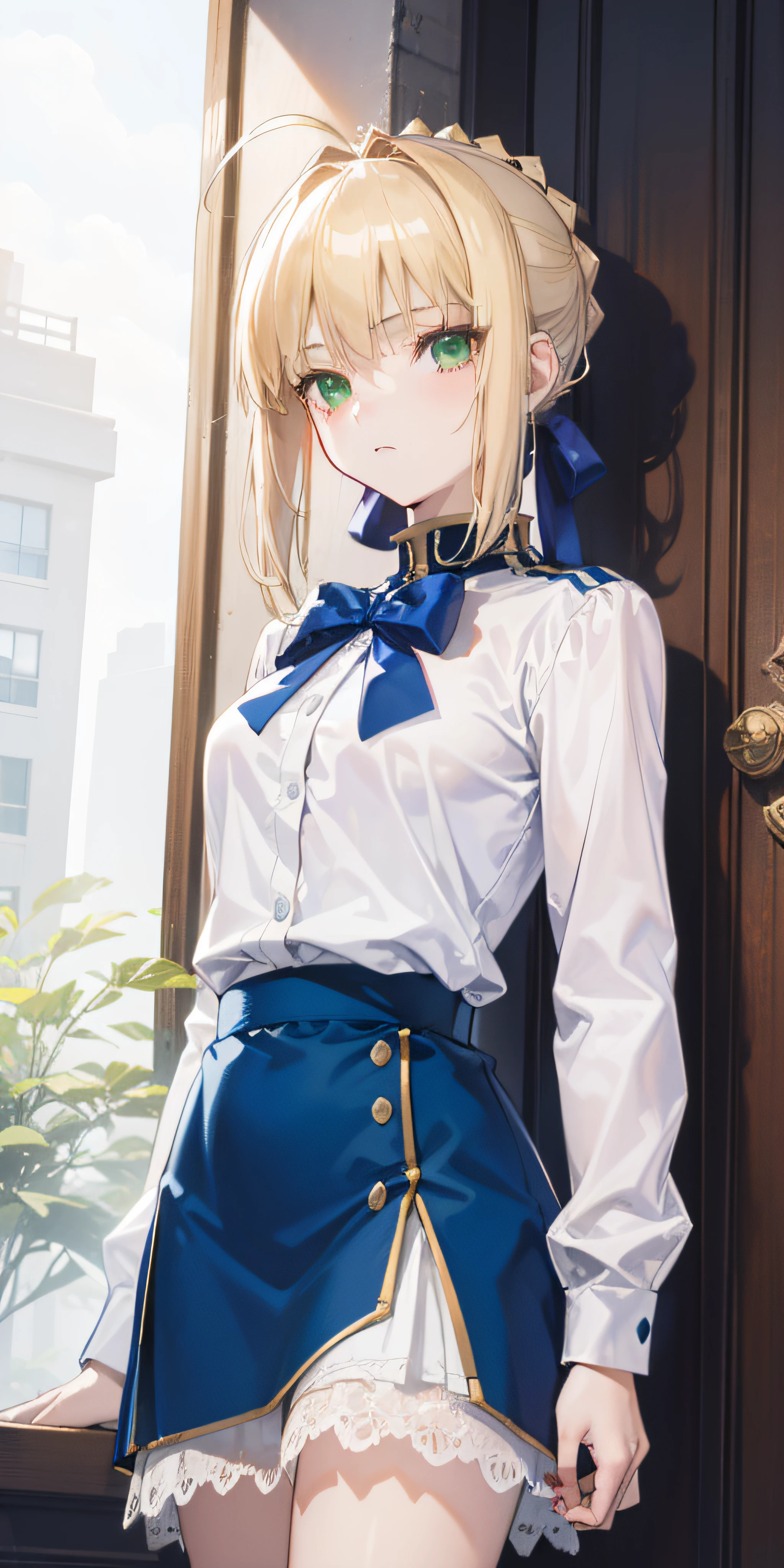 Artoria Pendragon \ (Destiny\, masterpiece, Best quality, High resolution, Ultra detailed, Art book, Anime coloring, CG, illustration, fantasy, 1 girl, solo, male focus, looking at the audience, Artoria Pendragon \ (destiny\), white shirt blue bow, blue short skirt, detailed beautiful face and eyes , mild sunlight with strong color contrast , warm environment, capable slender figure, dexterous dynamics, dim light around the girl gathered on the maiden, green eyes