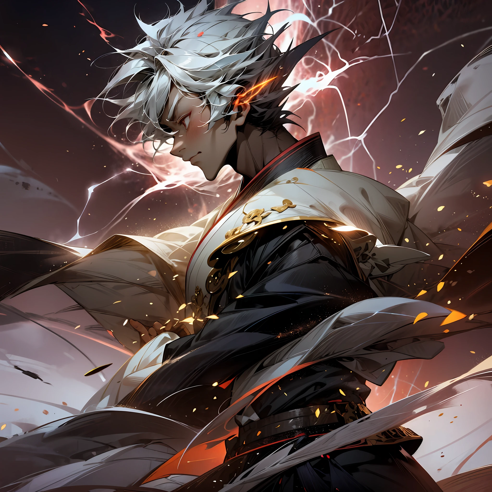 Nichimanga style, Zen ZEN, 1 man, delicate face, wearing armor, surrounded by Chinese characters, with lightning bolts on his body, a divine dragon behind his back, perfect hands, normal fingers, zen