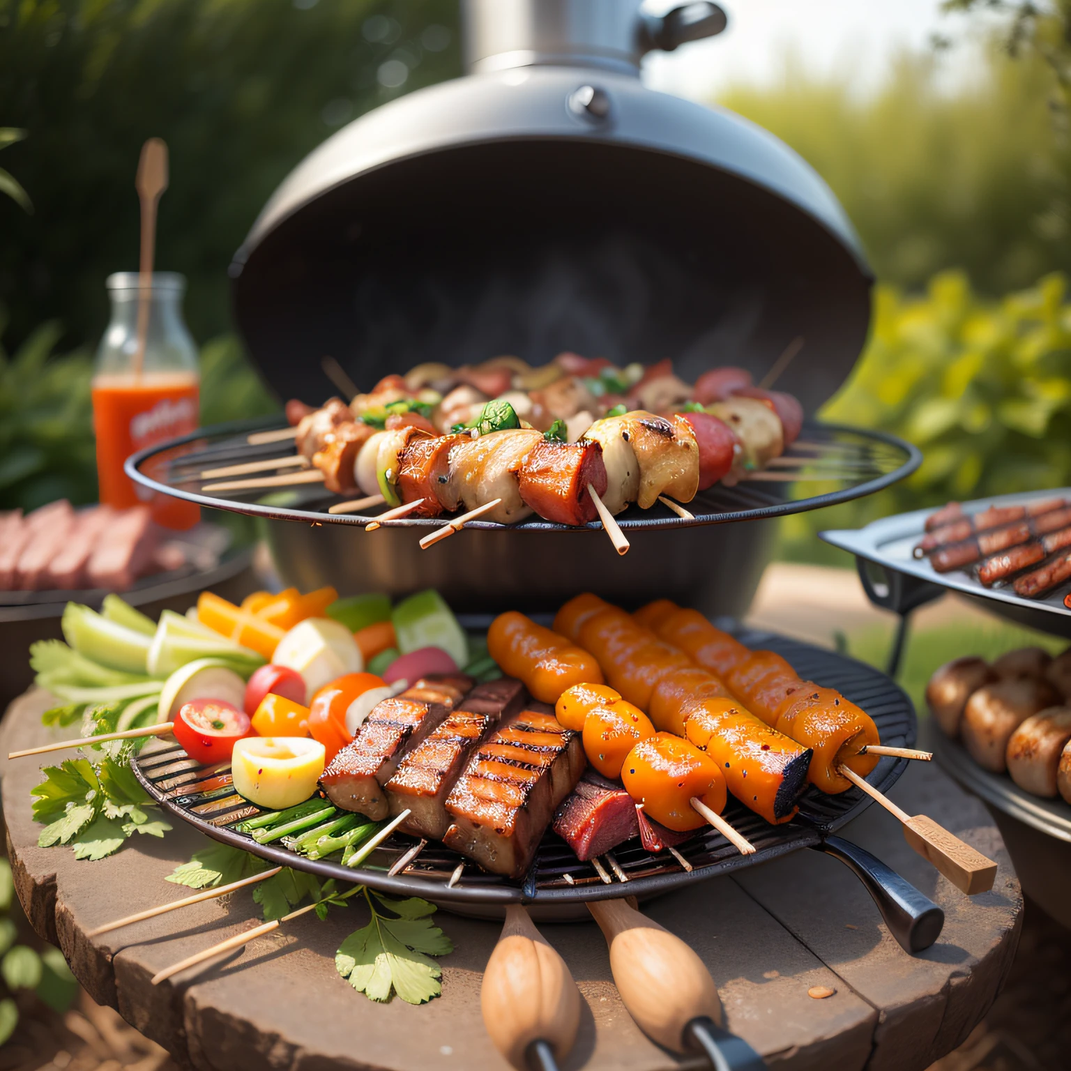 There is a barbecue stove in the garden, meat and vegetables are grilled, meat and vegetables on skewers alternate, whole, barbecue compo is the main