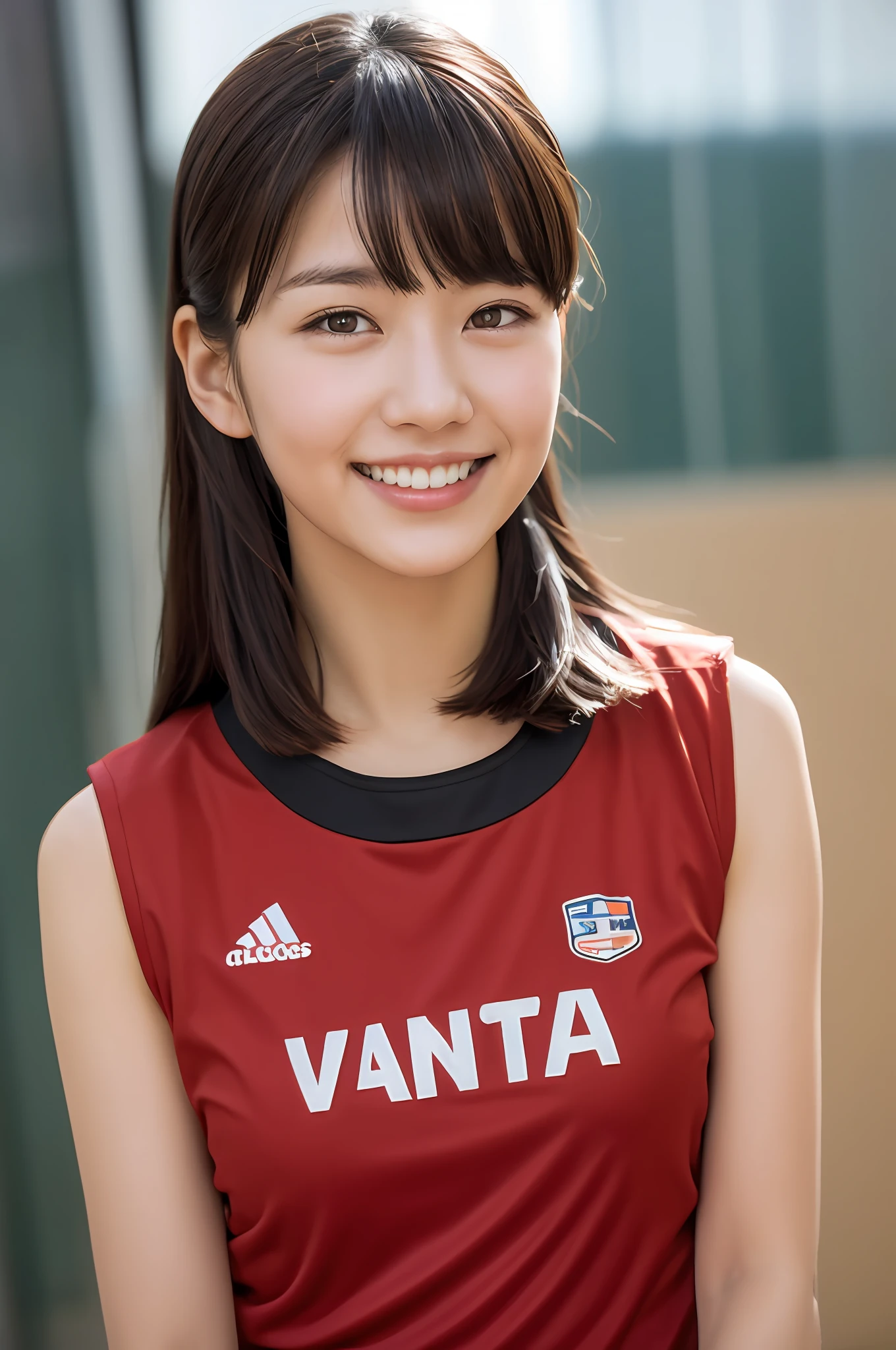 Masterpiece, top quality, ultra high definition, 1 girl, watching viewer, girl in volleyball club, sweaty cheeks, detailed skin touch, detailed fabric texture, beautiful detailed face, adult atmosphere, exposure, upper body up, blurred background, bangs, big: 1.4, smile
