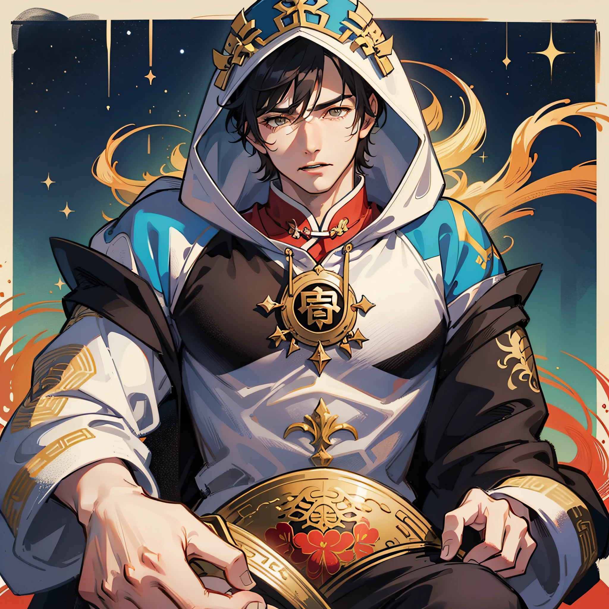muscular boy, masculine features, wild, masculine, valiant, handsome, rugged, hoodie, traditional Chinese costume, fusion of ancient Chinese and modern, king of rappers, pectoral muscles, abs, cool atmosphere, sitting, solid posture, fashionista, stylish, colorful, individual, luxurious, Cantonese, singing, dancing, sky with stars shining like dreams, quiet night book, Starry sky blooming brightly, whispering dream and confusion border, Cantonese pride, yellow