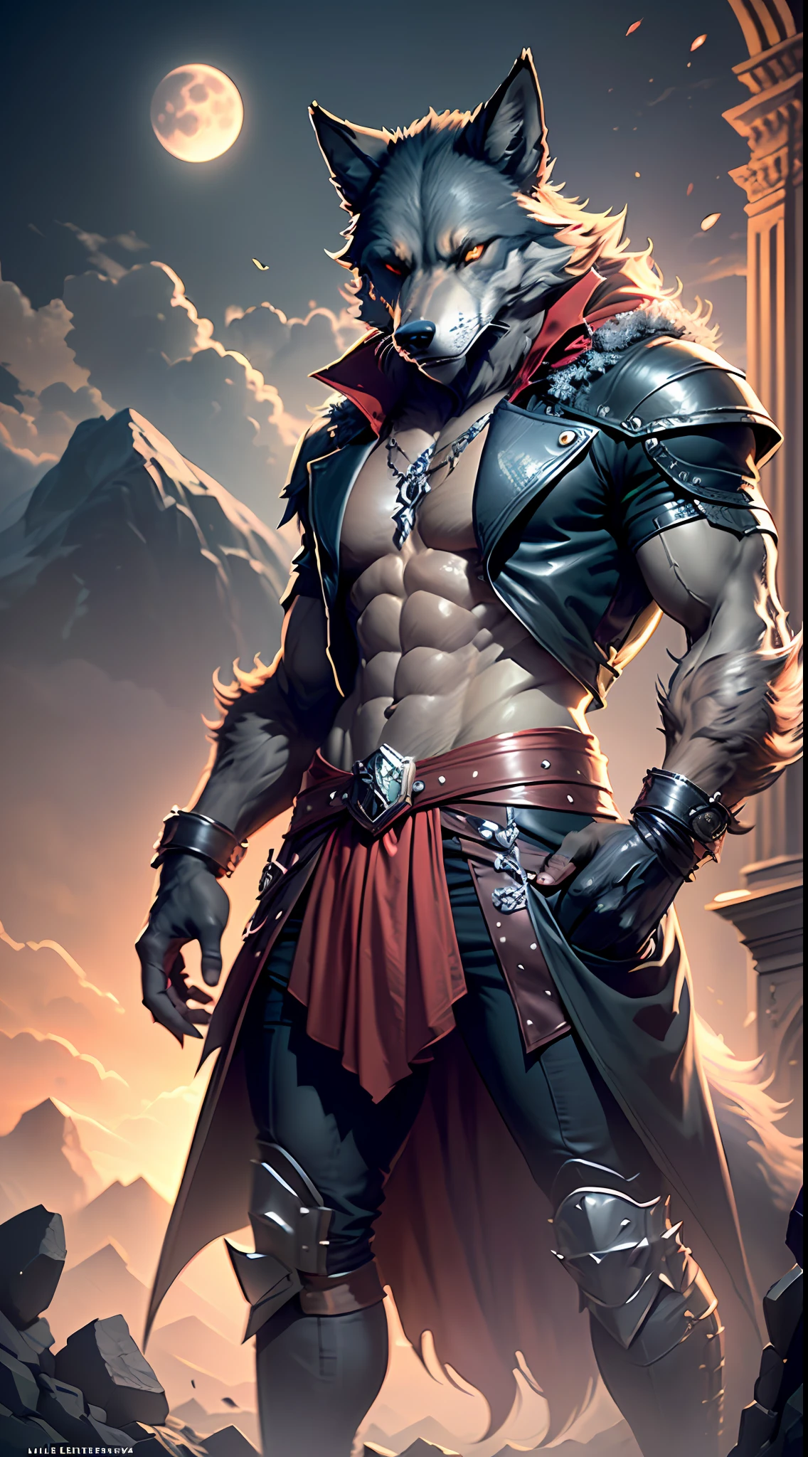 A werewolf standing on a cliff, dressed in a gangster costume, with a wolf behind him, red moon in the sky, high detail, castle, masterpiece, (HDR) (wallpaper) (cinematic lighting) (sharp focus), masterpiece, best quality, (very detailed CG unified 8k wallpaper), (very detailed CG unified 8k wallpaper), (best quality)