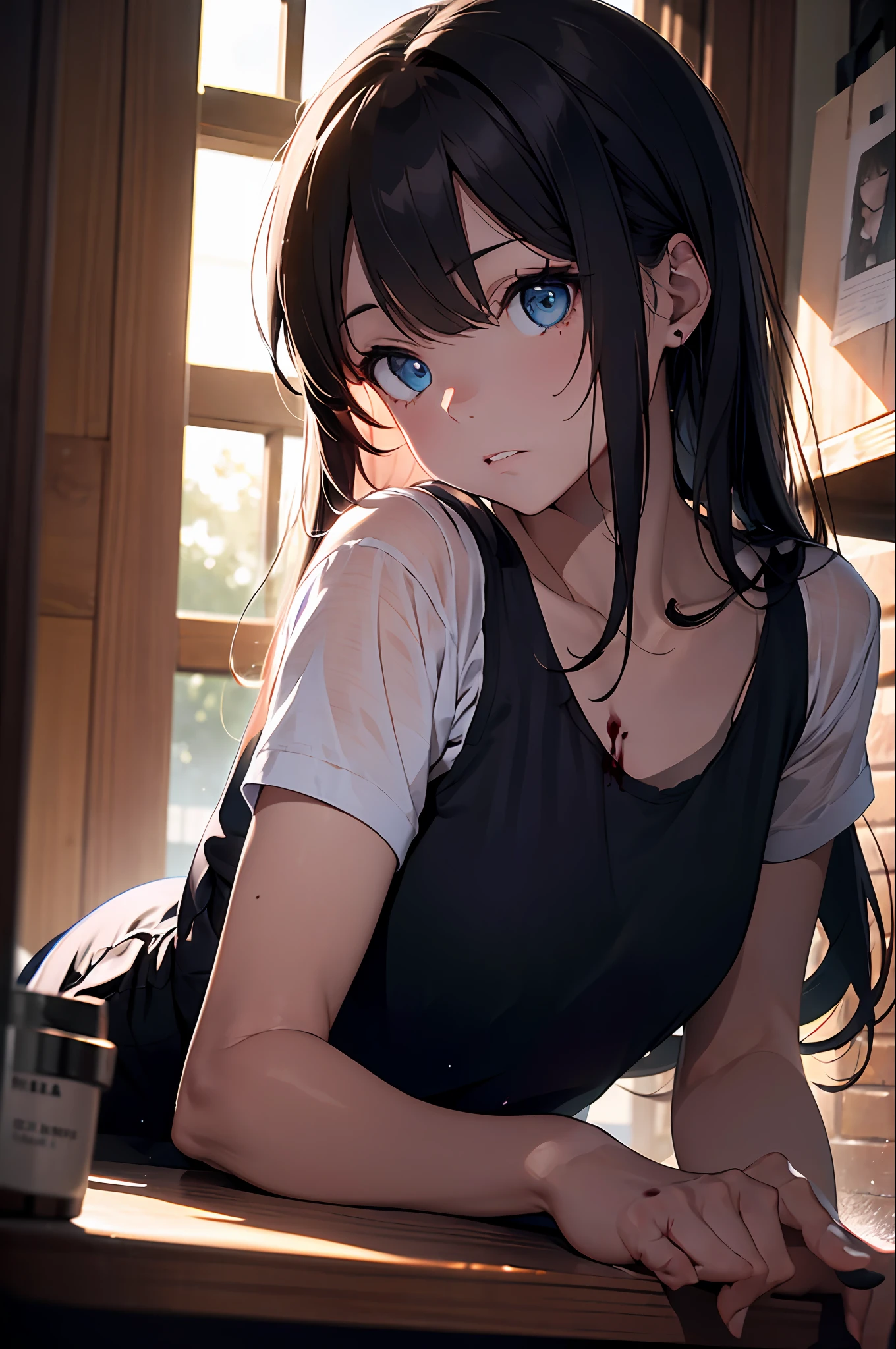 (dark scene, soft lighting, high saturated):1.4,blood, vivid illumination, enchanting elegance, atmospheric depth, masterful technique, naturalistic representations, harmonious composition, creative refinement, striking juxtapositions, 1girl,laying on blood, creeping, scary , bood , cover by blood , best shading, night, in the bathroom, dark dress, blue eyes, facing viewer, cowboyshot,volumetric fog, outdoors
