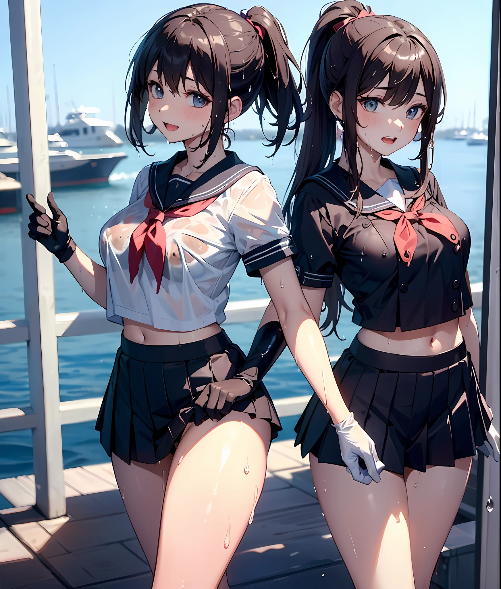 ung_teerls、loli、brhair、short_ponytail, long_bangs、blue_midriff_baring_sailor_uniform、mini_skirt、short_sleeve、thighthighs、big_tits, sleepy, Sorrisos、open_mouth、dynamic_pose, childlike_posing ,harbor,dock_background、spread_legs、happiness、NSFW、short_gloves, (wet:1.4),transparent,covered_nipples, covered_crotch, under_tits, sweat, bare_thighs, large_behind, covered_anal, back_view,