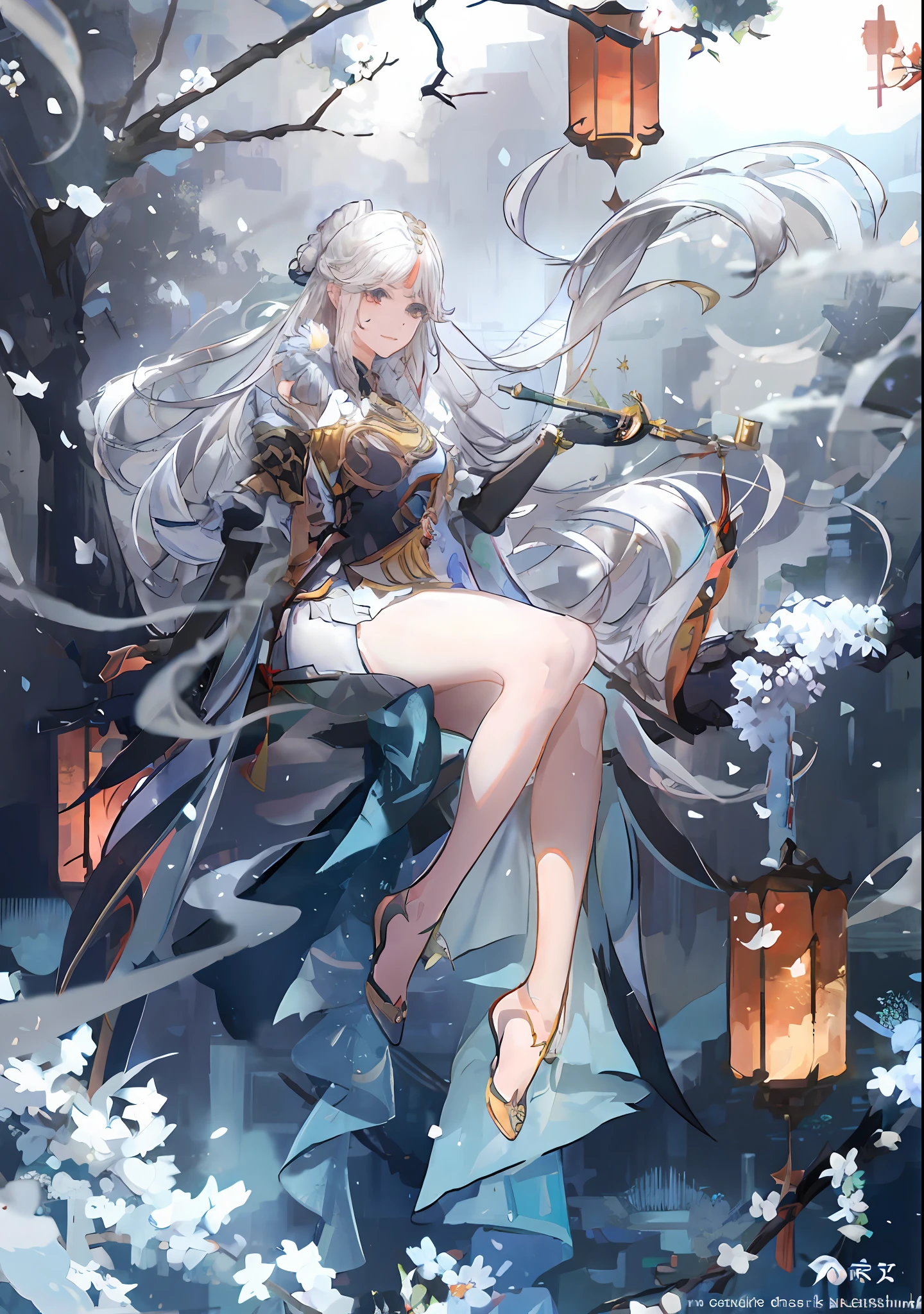 "A woman in a white dress sitting cross-legged on a branch, white hair like a god, the meticulous art of Onmyoji, the beauty of Onmyoji, the fascinating image of anime women, the anime world in gorgeous fantasy, the style of an anime goddess, the beautiful anime work from "Shoujo Frontier", the beauty of anime with the best 4K sci-fi wallpaper, the anime treasure of fantasy art, the wonderful story weaving of Ark night, and the perfect presentation of white-haired beautiful girls."