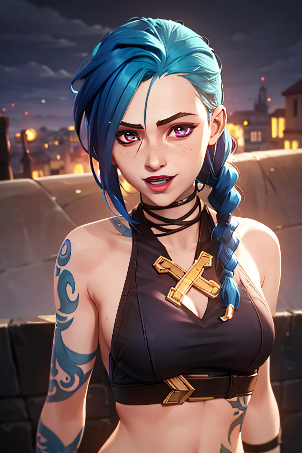 arcane style,

1girl, arm tattoo, asymmetrical bangs, bangs, blue hair, braid, brown shirt, cloud tattoo, looking at viewer, laughing, crazy, uncontrollable laugh, mad look, night, city, green hair, long hair, midriff, pink eyes, red lips, shirt, solo, standing, tattoo, twin braids, upper body, arcane jinx, jinx \(league of legends\)