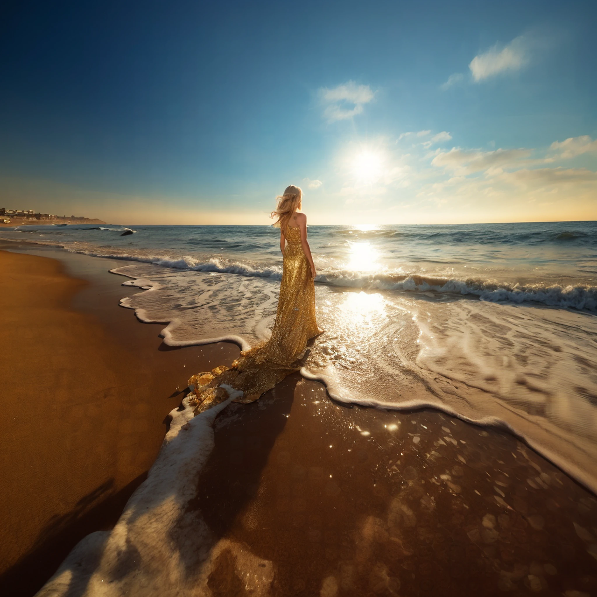 araffe woman in a dress standing on the beach at sunset, bathed in golden light, beach surreal photography, wearing a dress made of water, dressed in a beautiful, flowing gown, walking on the sand, shining golden hour, standing in sand, wearing a magnificent dress, woman on the beach, during golden hour, beautiful girl on the horizon