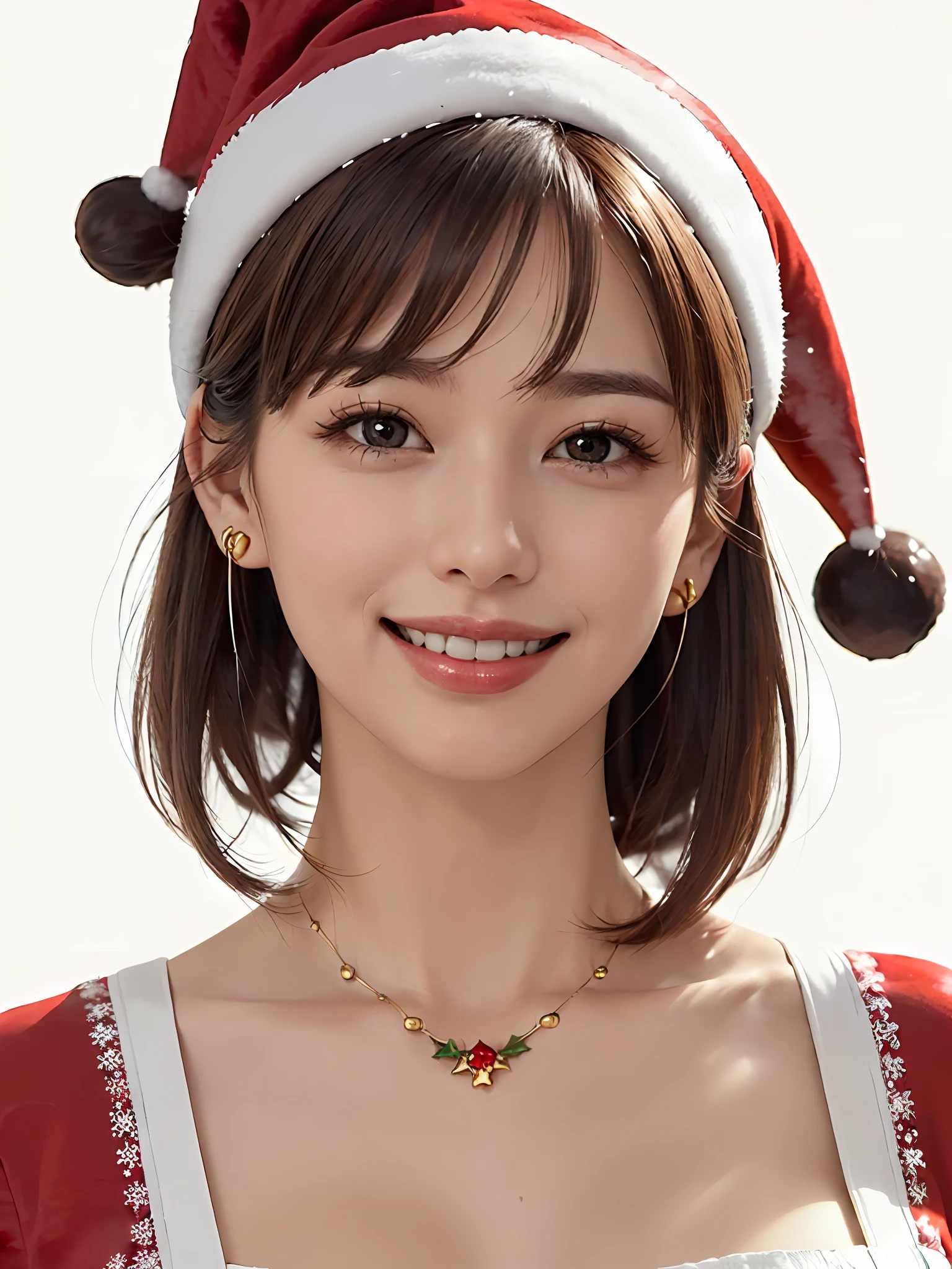 (8k quality), (best quality: 1.2), (realistic,), (photorealistic), ultra high definition, 1 girl, (((solo)), cute, smile, closed mouth, beautiful details, beautiful nose in detail, short hair, huge breasts darcepho, big eyes, long neck, ears, short hair, short hair, huge, ((Santa Claus costume, accurate Santa Claus hat, bangs, bangs, long neck, beautiful, cute, really snow-white background, smile a little, highlight in the eyes, light brown eyes, put out the ears)))