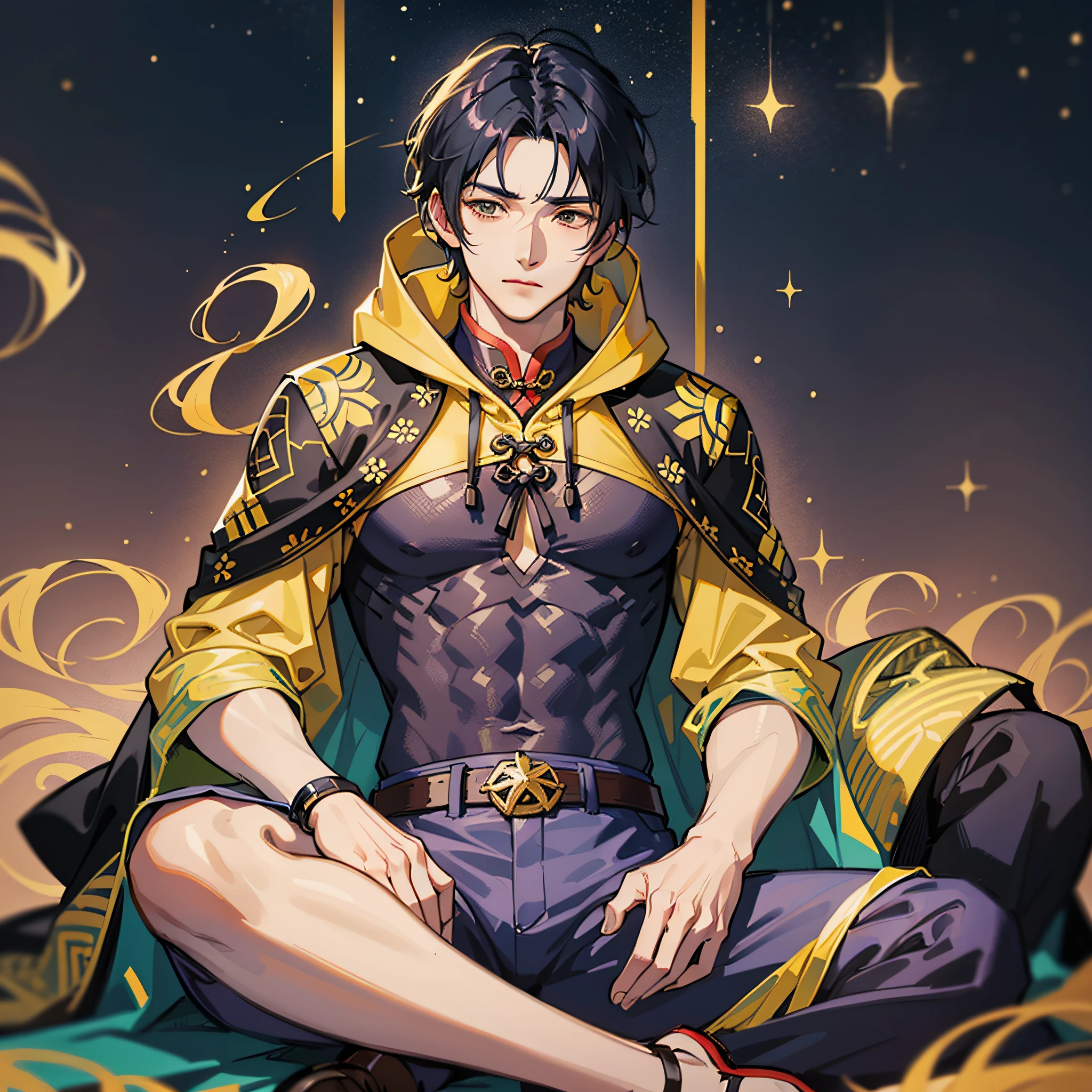 muscular boy, masculine face, wild, masculine, valiant, handsome, rugged, hoodie, modern chinese traditional costume, fusion of ancient Chinese and modern, king of rappers, pectoral muscles, abs, cool atmosphere, sitting, solid posture, fashionista, stylish, colorful, individual, luxurious, Cantonese, singing, dancing, sky with stars shining like dreams, Book of quiet night, starry sky blooming brightly, whispering dream and confusion border, Cantonese pride, yellow