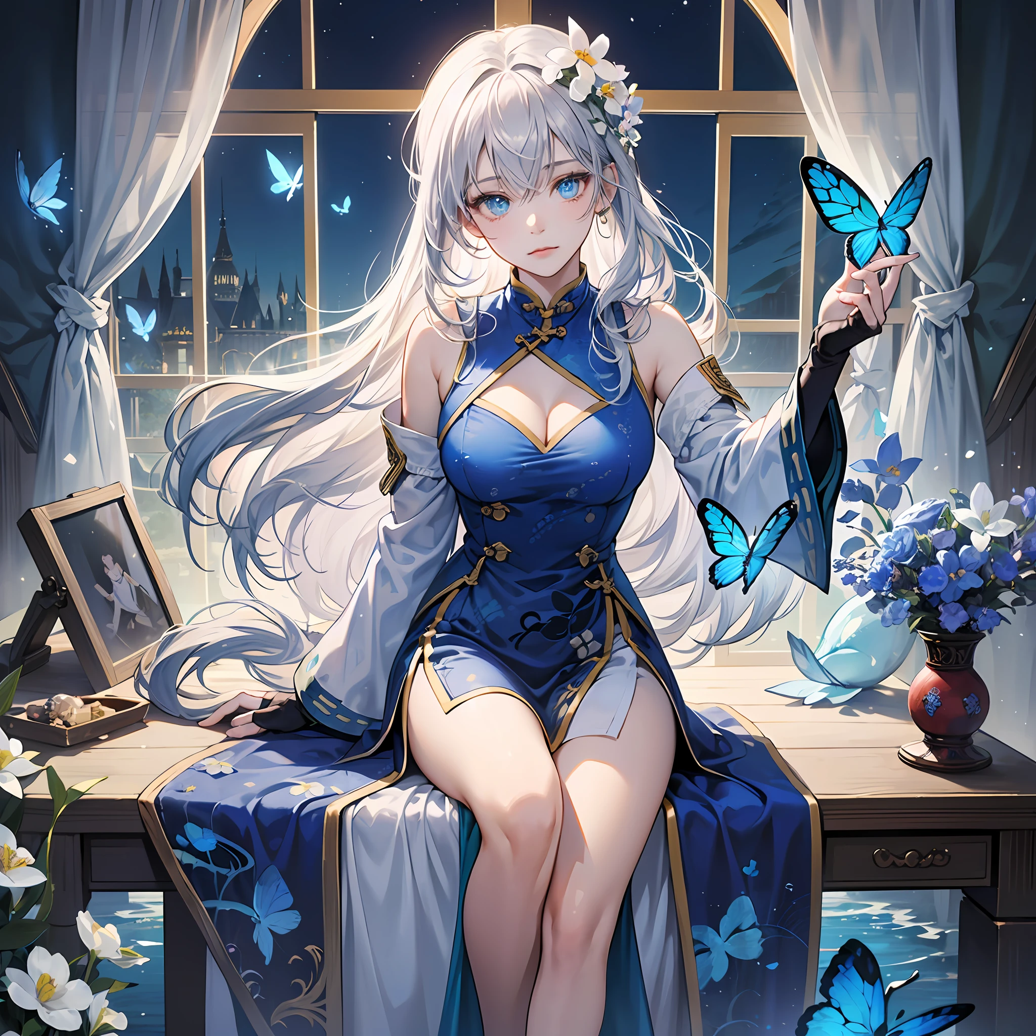 (Overhead Views),Dynamic Angle,Ultra Detail, Illustration, Close Up, Straight, One Girl, (Fantasy:1.4), (Azure Eyes:1.233),Her Eyes Glowed Like Dreamy Stars,(Glowing Eyes:1.233),(Beautiful and Delicate Eyes:1.1),(Silver Hair:1.14),(Unkempt Hair,Very Long Hair,Braids,Between Eyes,Side Locks), (+ (Bull Hair Flower: 1.14)),(Cheongsam, Blue Floral Pattern on Uniform)/=(Military Uniform: 1.24),(Sleeveless,Wide Sleeve),(Fingerless Gloves),Big,Cleavage Emphasis Choker,(Priestess Niso),High Heels,(Expressionless,Mouth Closed),(Sting),(White Ancient Palace with Dressing Table and French Window),(White Flower,Flower),(Deep Sea),(Flowing Water),(Dull Blue World Tree:1.14),(Ruins),(Night:1.2),Dreamy,Soul,(Fluorescence),(Translucent Blue Butterfly Fly:1.15),[[Delicate Fingers and Hands:0.55]::0.85],(Fine Fingers),(Yubao:0.5), --auto
