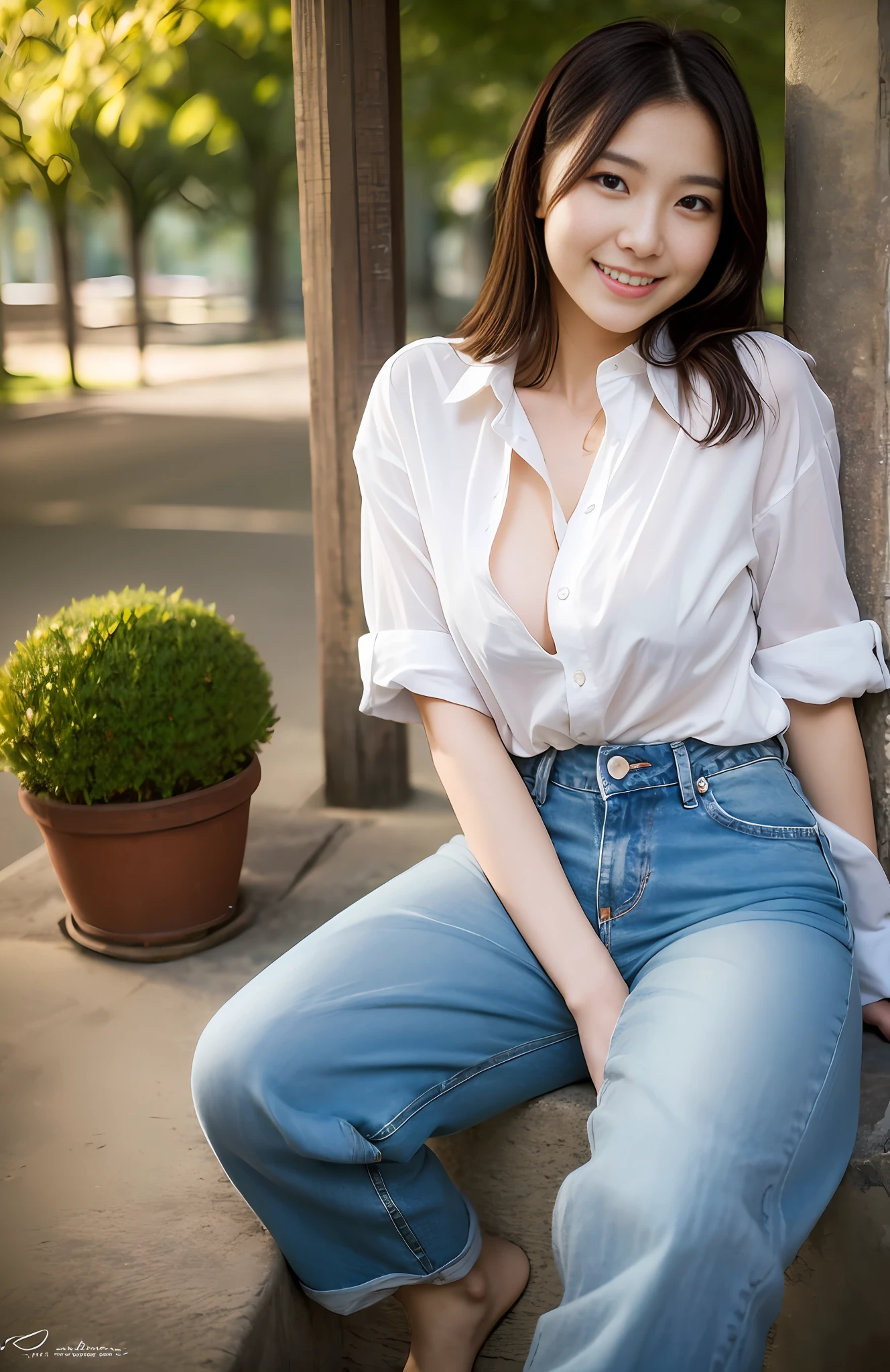 photorealistic, solo, beautiful Japan woman, oversized casual shirt, denim pants, natural figure, white skin, sweet smile, rough hairstyle not set, (sensual expression), soft sunlight in the morning, park in the morning, ((seductive pose)), (open libido)))), professional photographer, shallow depth of field, lens flare,
