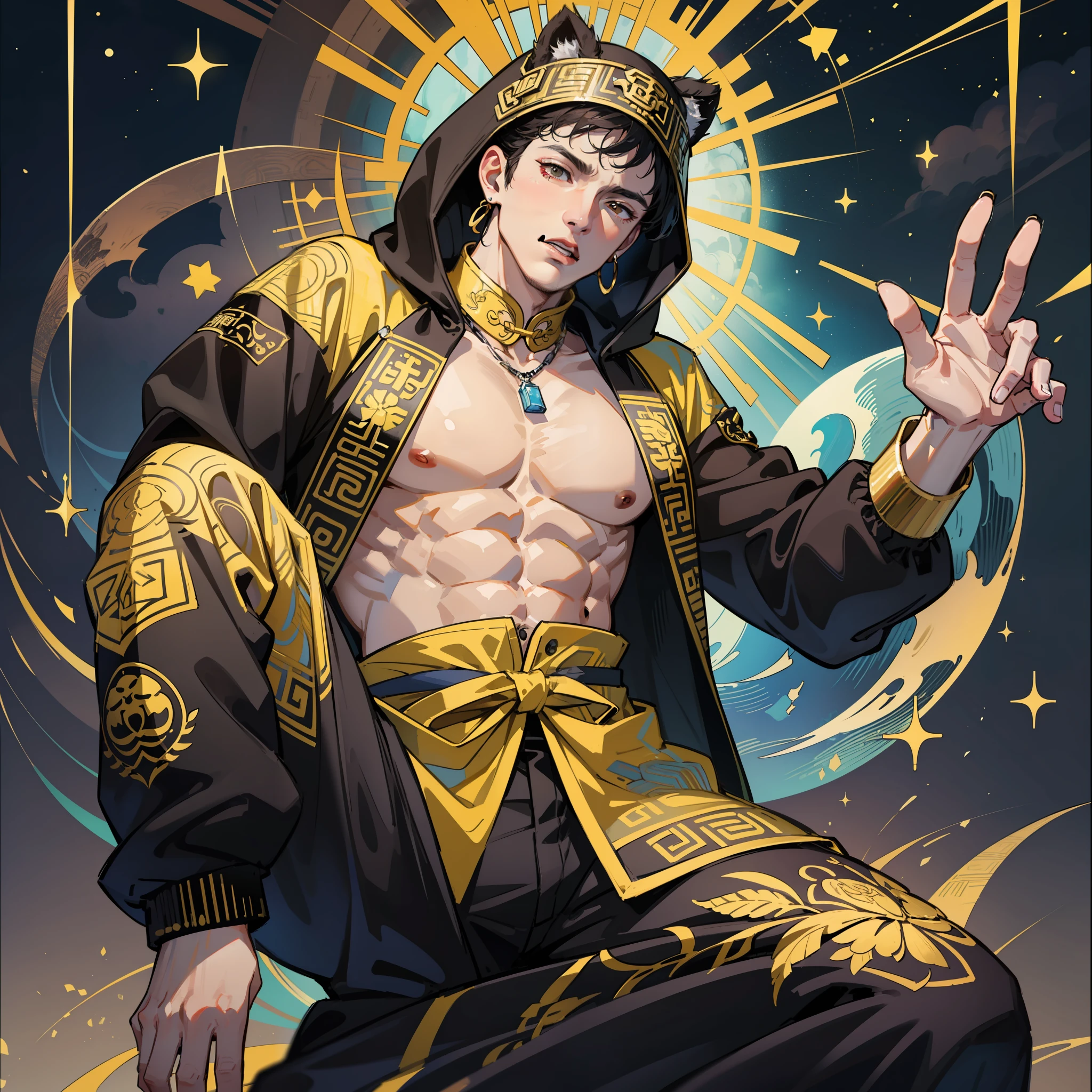 muscular boy, masculine face, wild, masculine, valiant, handsome, rugged, hoodie, modern chinese traditional costume, fusion of ancient Chinese and modern, king of rappers, pectoral muscles, abs, cool atmosphere, sitting, solid posture, fashionista, stylish, colorful, individual, luxurious, Cantonese, singing, dancing, sky with stars shining like dreams, Book of quiet night, starry sky blooming brightly, whispering dream and confusion border, Cantonese pride, yellow