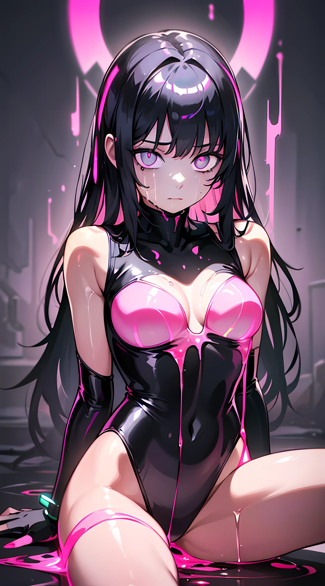 (masterpiece, best quality:1.3), 8k, official art, raw photo, absurdres, girl, (black hair, sleeveless, shiny black cyber body suit, lines on body, slender, arch back, spread legs:1.4), cowboy shot, sitting, thighs, ((glow:1.8)), (thick pink liquid dripping from body:1.6), pink bracelet, (embarrassed, scared:0.5), sharp focus, highres, ultra detailed, finely detail, extremely detailed, detailed eyes and face, sharp pupils, realistic pupils, black eyes, dark room