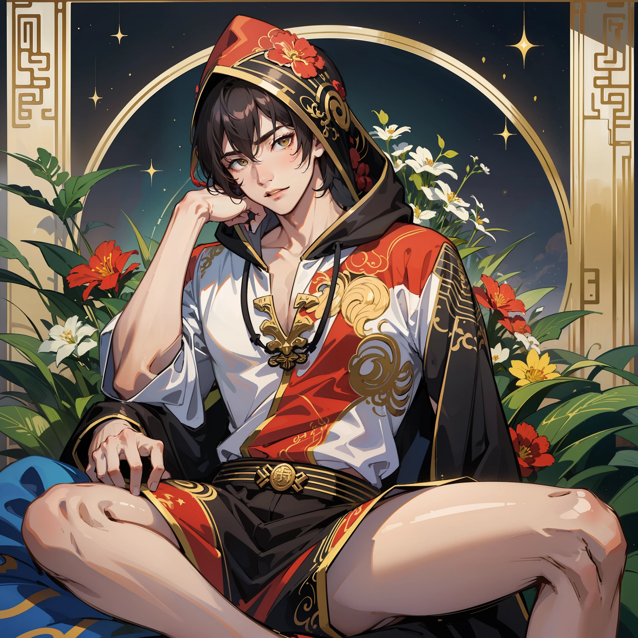 muscular boy, masculine face, wild, masculine, valiant, handsome, rugged, hoodie, modern chinese traditional costume, fusion of ancient Chinese and modern, king of rappers, pectoral muscles, abs, cool atmosphere, sitting, solid posture, fashionista, stylish, colorful, individual, luxurious, Cantonese, singing, dancing, sky with stars shining like dreams, Book of quiet night, starry sky blooming brightly, whispering dream and confusion border, Cantonese pride, yellow