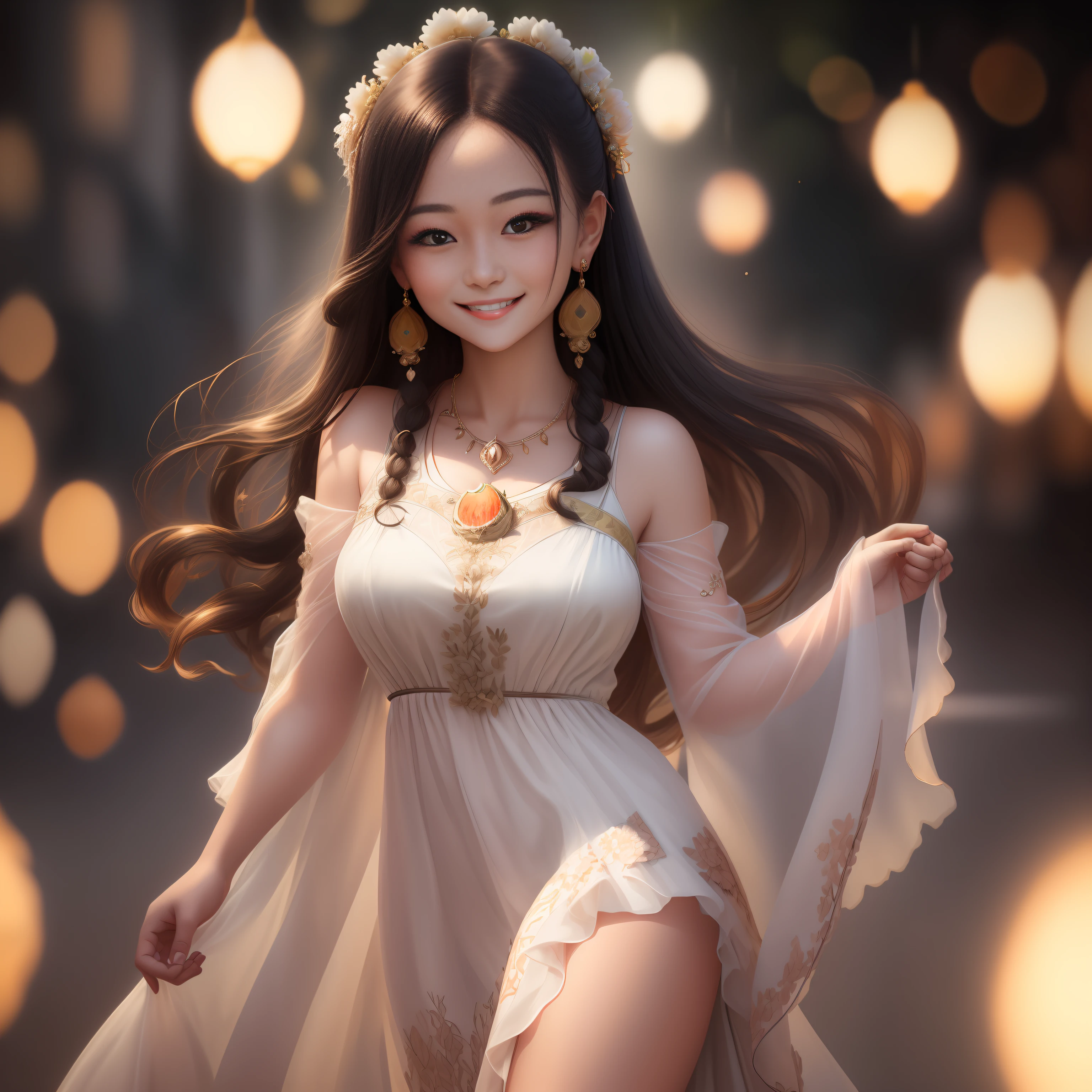 A cute young woman with a smile on her face, wearing a beautiful dress, melon seed face, almond eyes, delicate facial features, hyper-detail, romantic scene