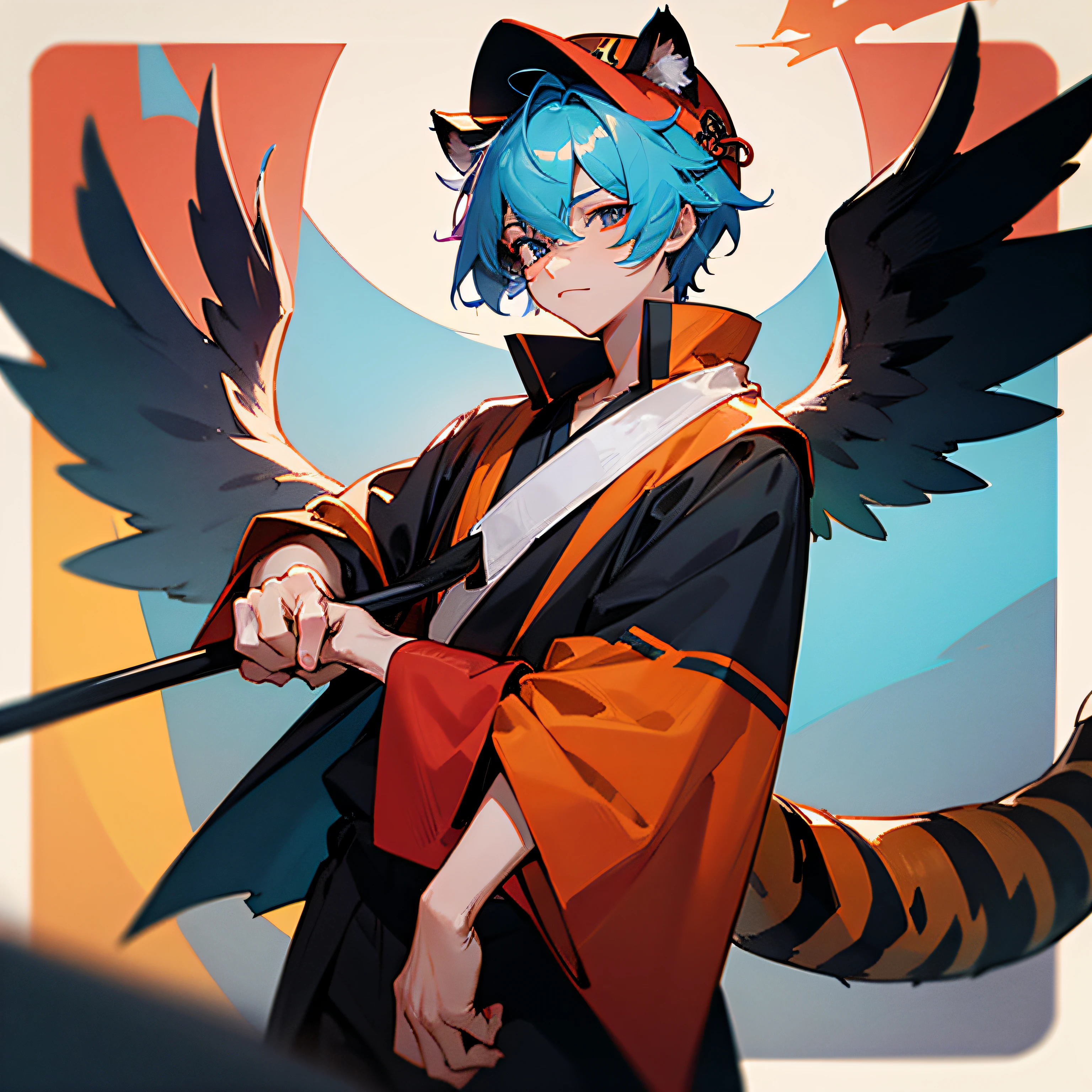 Little tiger hat, left eye red, right eye blue, beautiful top, tiger tail, left angel wing, right demon wing, cat ears, hands holding handle, Q moe, avatar, male