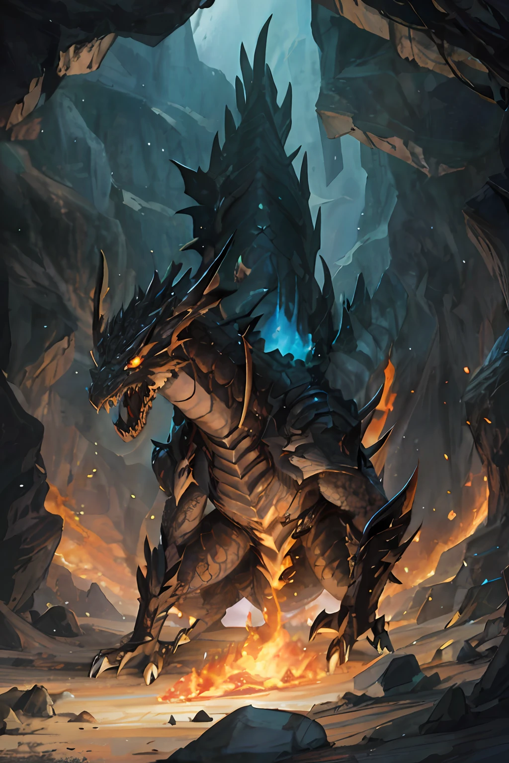 a dragon with a flame in its mouth is standing in a cave, deathwing, giant dragon resting in a cave, alduin, epic dragon, world of warcraft splash art, 4k fantasy art, d&d commision art dragon, dragon vore art, colossal dragon as background, colossal dragon in background, charging through a dragons lair, legendary dragon