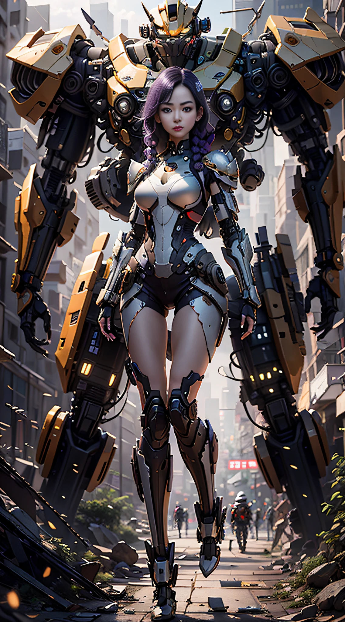 (Best Quality)), ((Masterpiece)), (Very Detailed: 1.3), 3D, master chef style armor, Beautiful cyberpunk woman, sci-fi technology, HDR (High Dynamic Range), ray tracing, nvidia RTX, super resolution, unreal 5, subsurface scattering, PBR texture, post-processing, anisotropic filtering, depth of field, maximum sharpness and sharpness, multi-layer texture, specular and albedo mapping, surface shading, accurate simulation of light-material interactions,  perfect proportions, octane rendering, duotone lighting, low ISO, white balance, rule of thirds, wide aperture, 8K RAW, high efficiency subpixels, subpixel convolution, light particles, light scattering, Tyndall effect, very sexy, full body, battle pose, purple hair with braids,