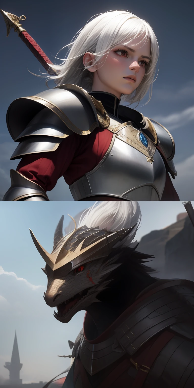 realistic, 1girl, white hair, red eyes, armor, medieval, dragon, swords, spears, female costume, war, fights